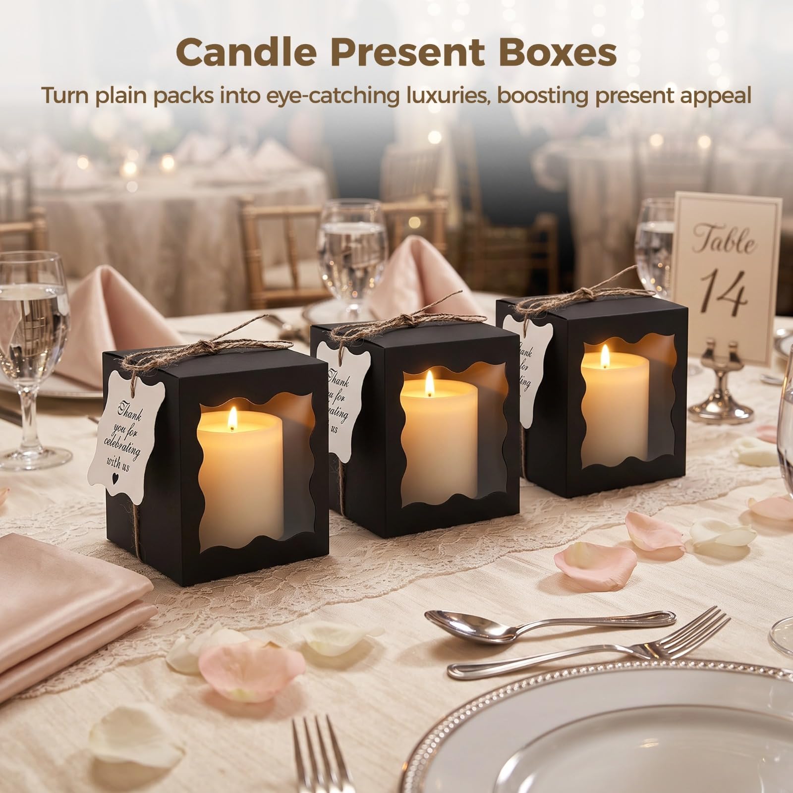 50 Set Kerzen-Geschenkboxen mit transparentem Fenster, Dankeschön-Tags und Bindfaden, Papier-Geschenkverpackungsboxen für Hochzeiten, Partys und Brautpartys, Schwarz