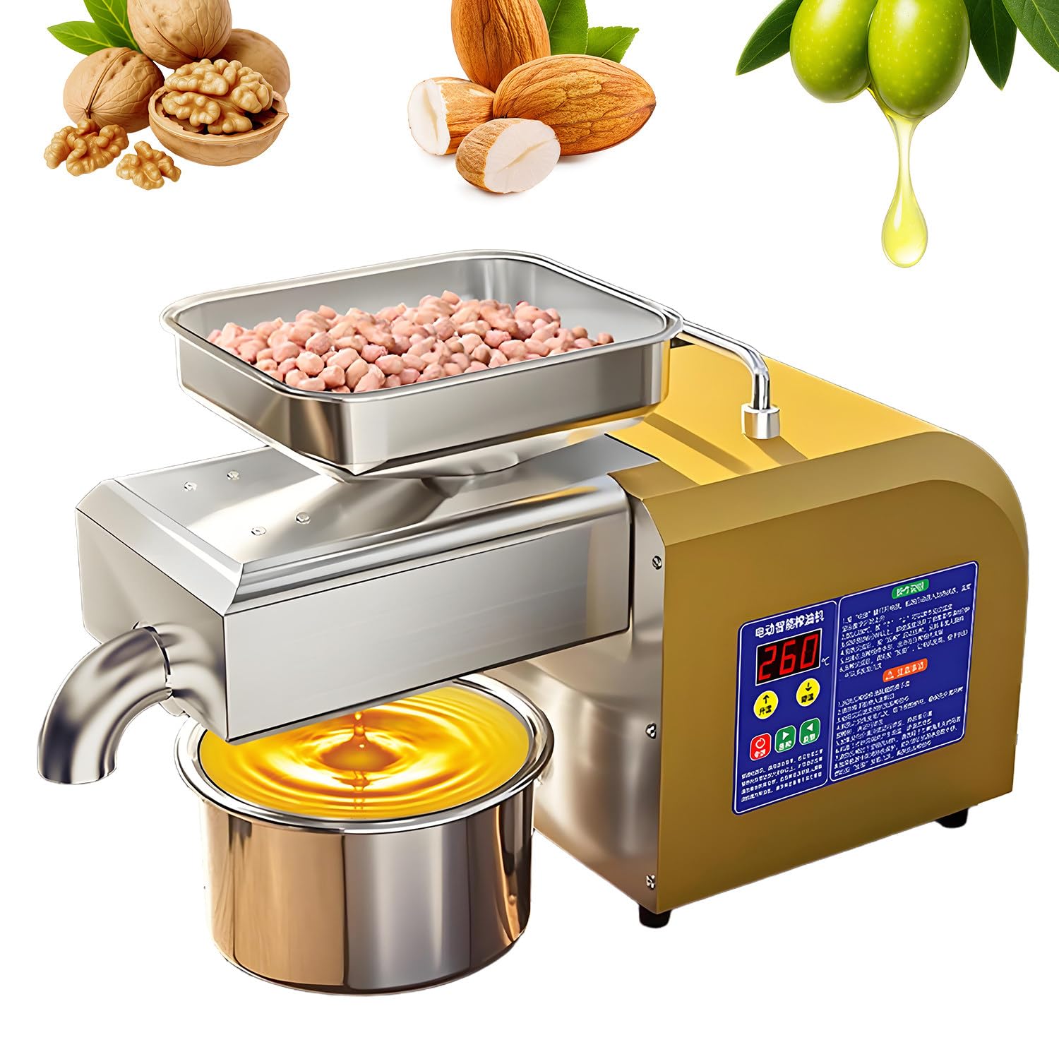 Flatpincololee Multicolor New 1100W Electric Oil Press Machine, Hot & Cold Press Oil Machine For Home & Commercial, Automatic Oil Extractor For Walnut Olive Kernel Peanut Sesame Sunflower Seeds Soybean -Yellow