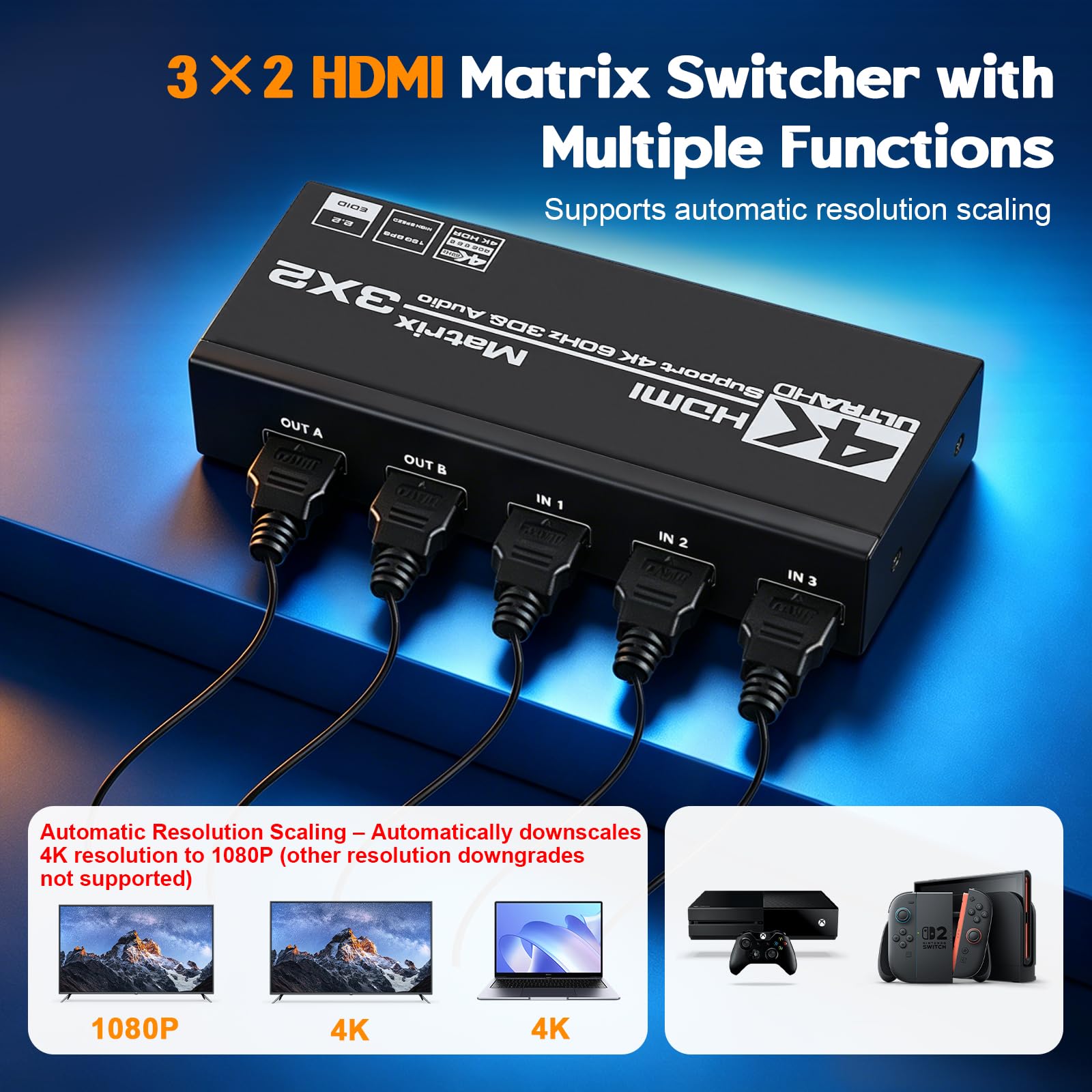 Switch Hdmi 4K 60Hz 3x2, HDMI Switch Splitter 3 in 2 Out, HDCP 2.3 HDR10 18Gbps, mit IR Télécommande & 3.5mm Audio Extractor, Support 4K@60Hz, HDCP 2.2, pour Switch, PS5, Xbox, PC