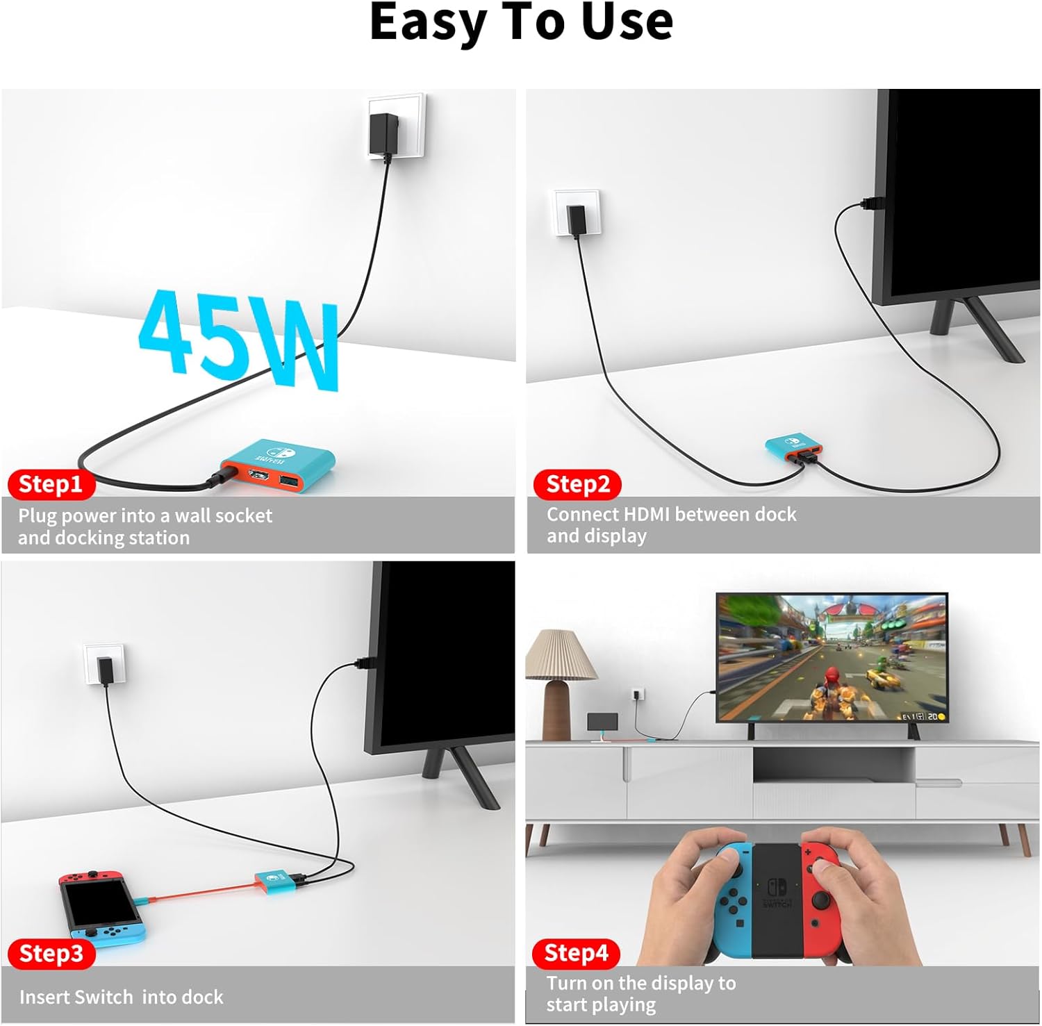 Switch Dock with 45W Charger & HDMI Cable, 4K Portable Docking Station for Nintendo Switch/Switch OLED, Travel Switch TV Dock USB-C Charging Cable, AC Adapter Power Cord, Game Accessories Set