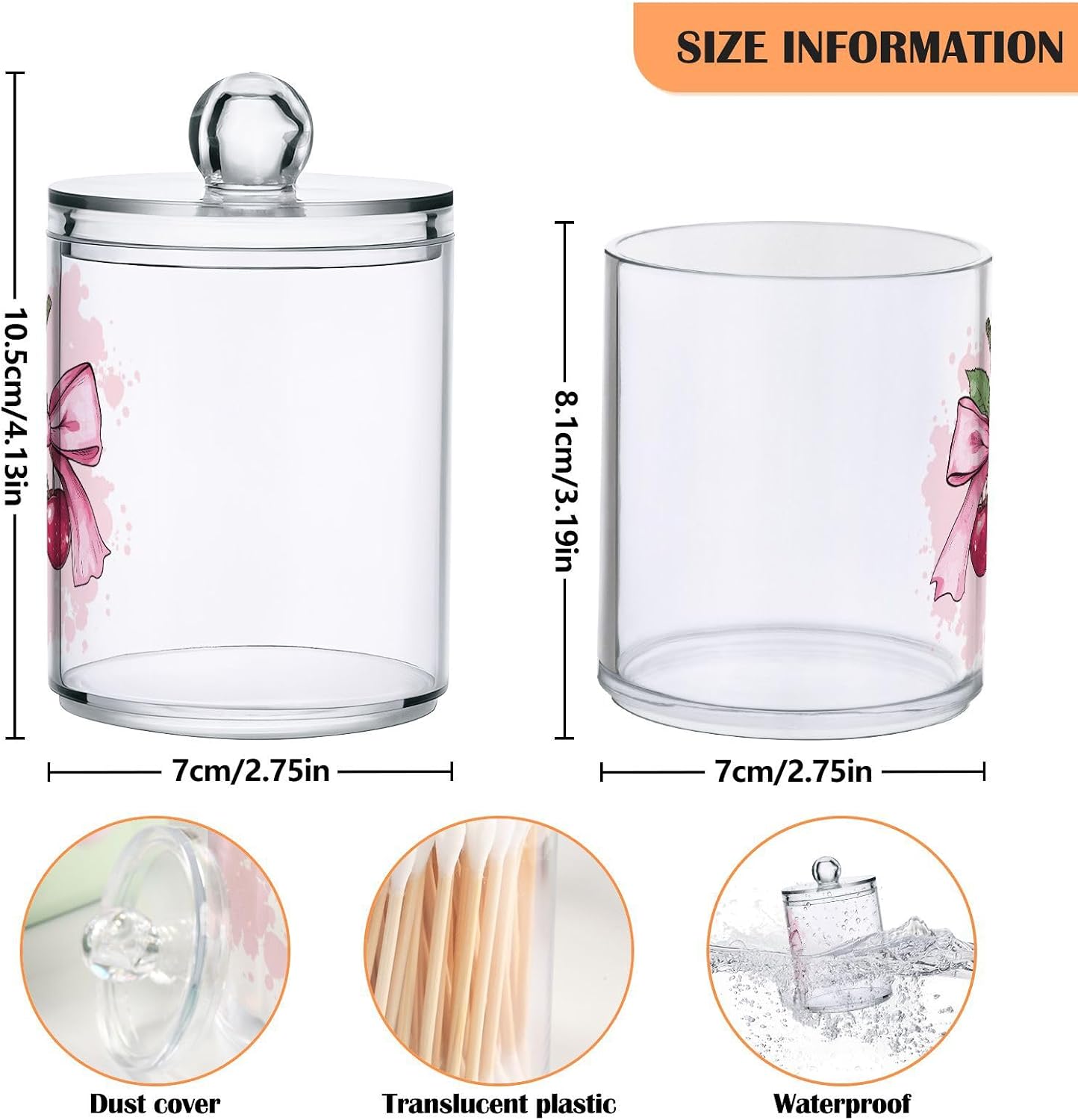Fustylead 2 Pack Cute Cherry Fruit with Pink Bow Plastic Apothecary Jars with Lid, Bathroom Vanity Storage Organizer Canister for Qtip, Cotton Ball, Swab, Round Pads, Floss image 2