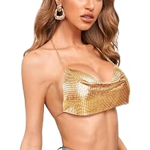 Sexy Women Halter Bra Sequin Top for Women Sparkly Strapless Crop Top Sleeveless Wire Free Contour Bra Gold 88-108cm Chest One Size