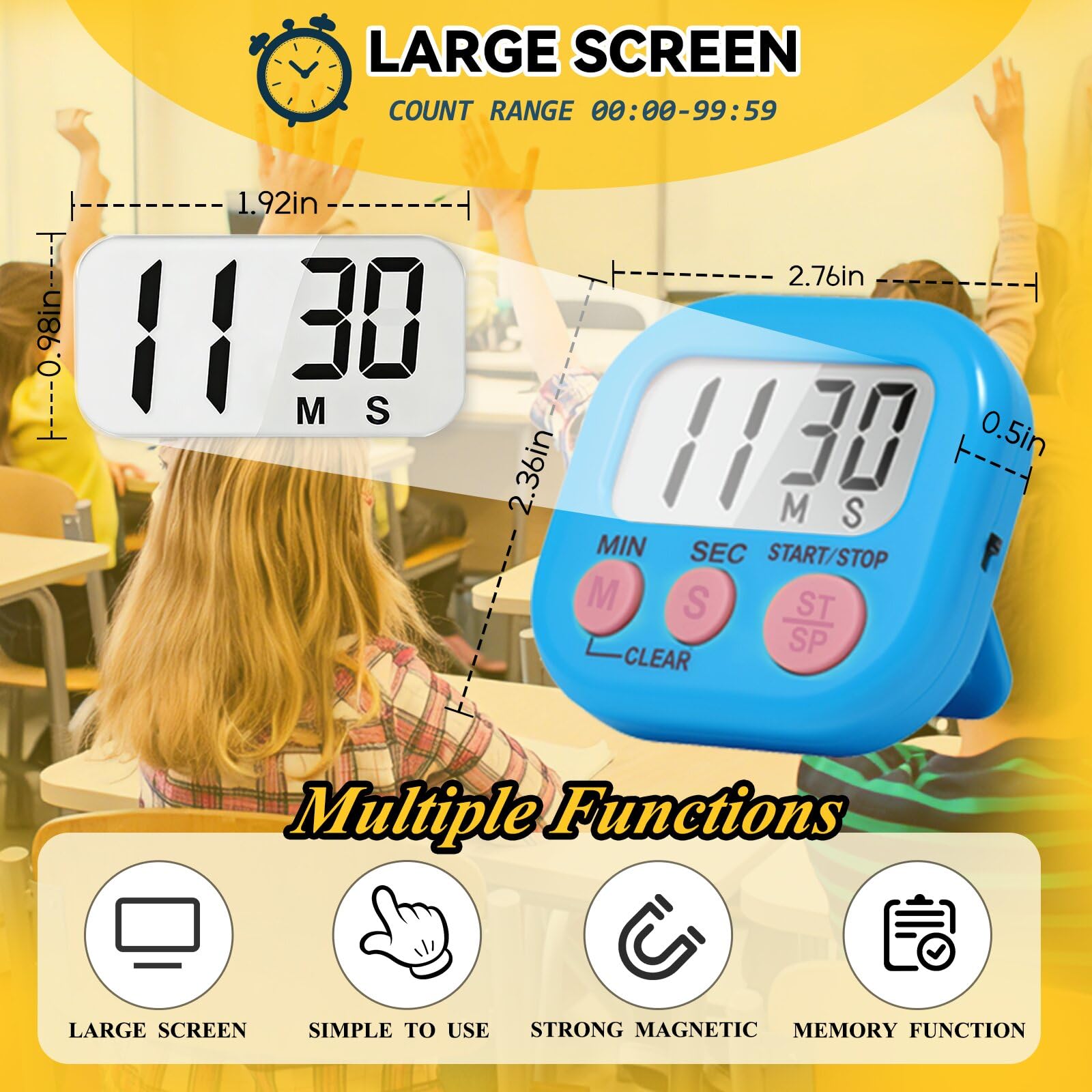 Confezione da 12 timer da cucina digitali per cucinare, allarme forte, grande display LCD, timer magnetico per insegnanti, bambini, ampiamente utilizzati in classe, cucina, riunioni, palestra