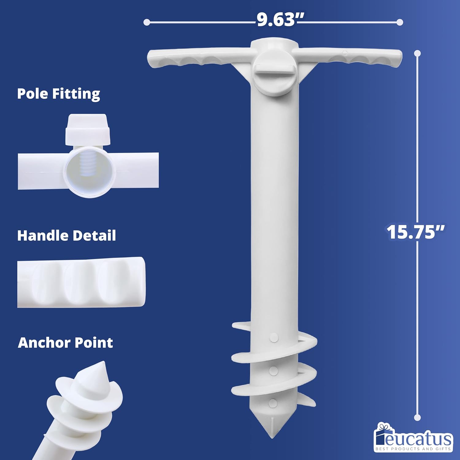 Easy Install Sand Umbrella Anchor 2 Pack. Durable, One Size Fits Up to 1.6 in Pole Stand for Strong Winds. White Auger Works as a Fishing Rod Holder, Beach Volleyball Net Stake or to Hold Tent Ropes.