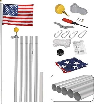 F2C 16FT Sectional Flagpole Kit Outdoor Halyard Pole W/1 US American 3x5 Flag, In-Ground Pole and Hardware 16FT W/Flag