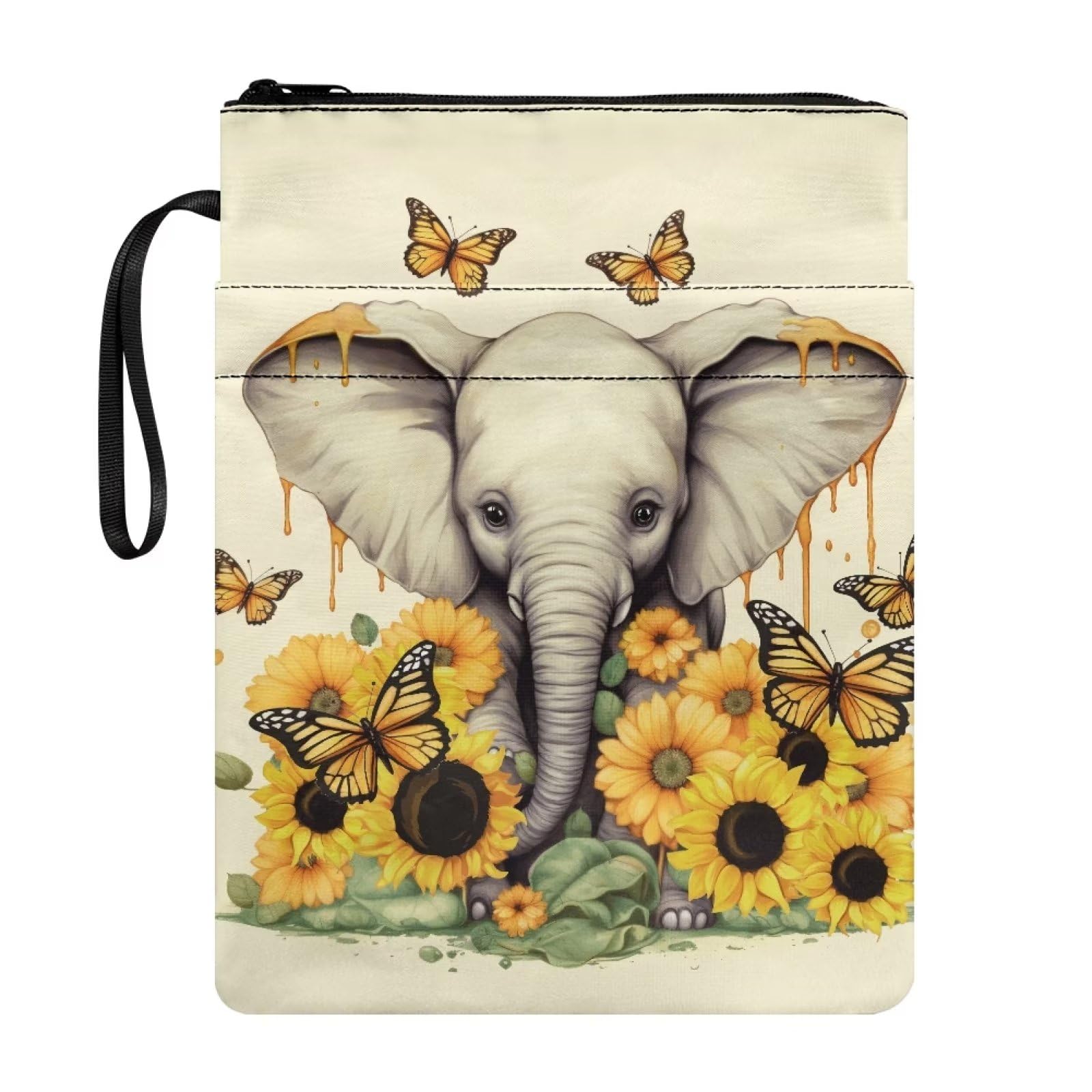 Xoenoiee Sunflower Elephant Butterfly Print Book Sleeve Pouch Book Cover with Zipper Book Sleeve Covers for Paperback Book Sleeve Protector for Students Teachers