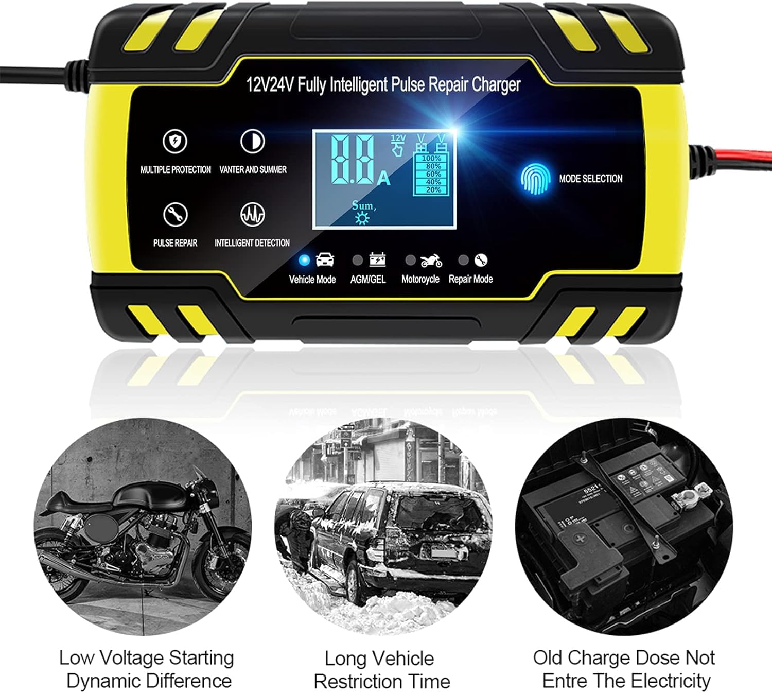 YDBAO Chargeur De Batterie Intelligent 10A 12V/24V Chargeur Batterie Pour Voiture Moto Mainteneur Automatique Auto Avec Écran LCD Fonction Réparation Pour Voiture Moto Batterie AGM Gel Wet SLA LiFePO4