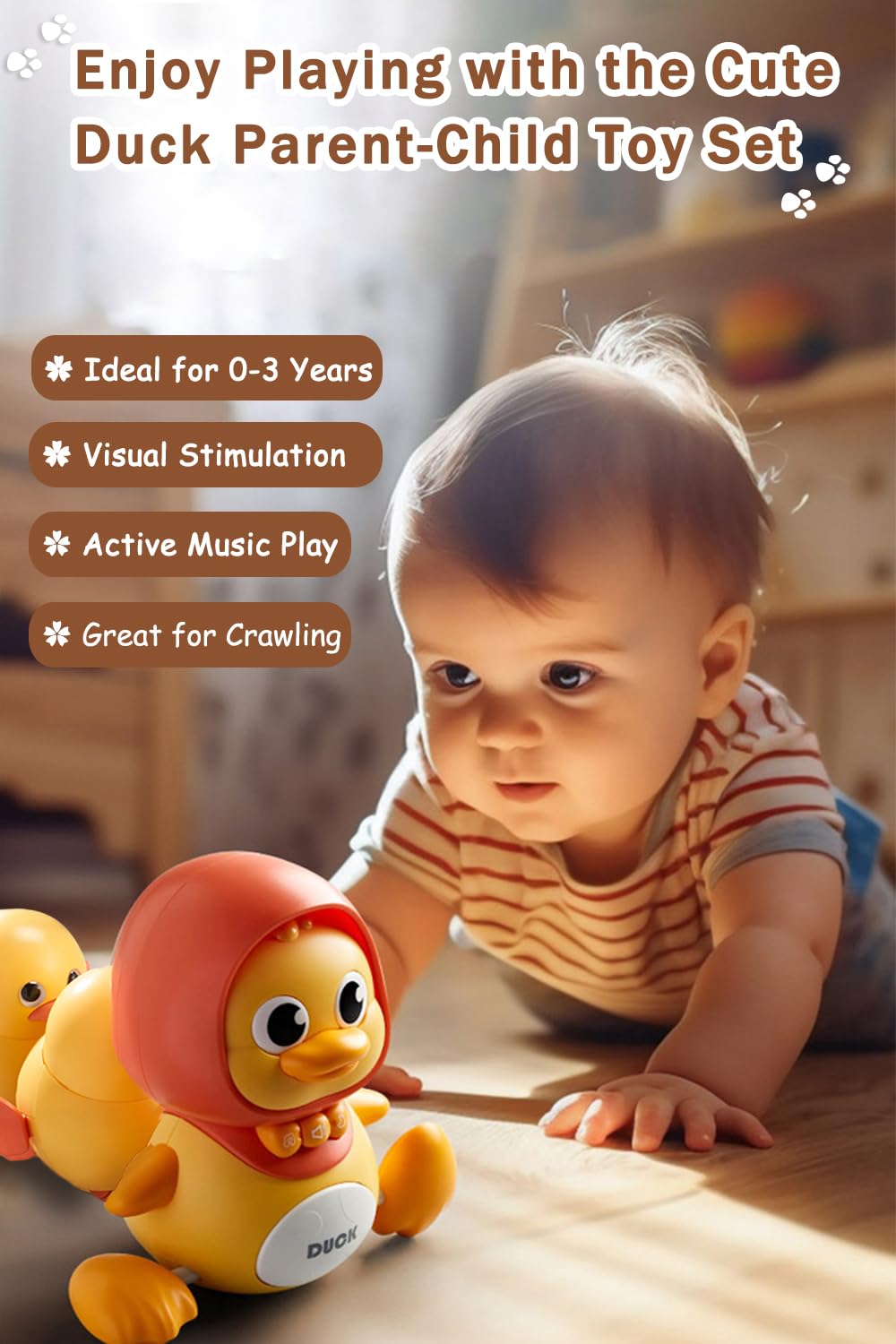 JUYEE Baby Crawling Toys Set of 4 - Magnetic Swaying Ducks for Infants, Tummy Time Toys with Music & Lights, 1st Birthday Gift for Boys and Girls(Yellow)