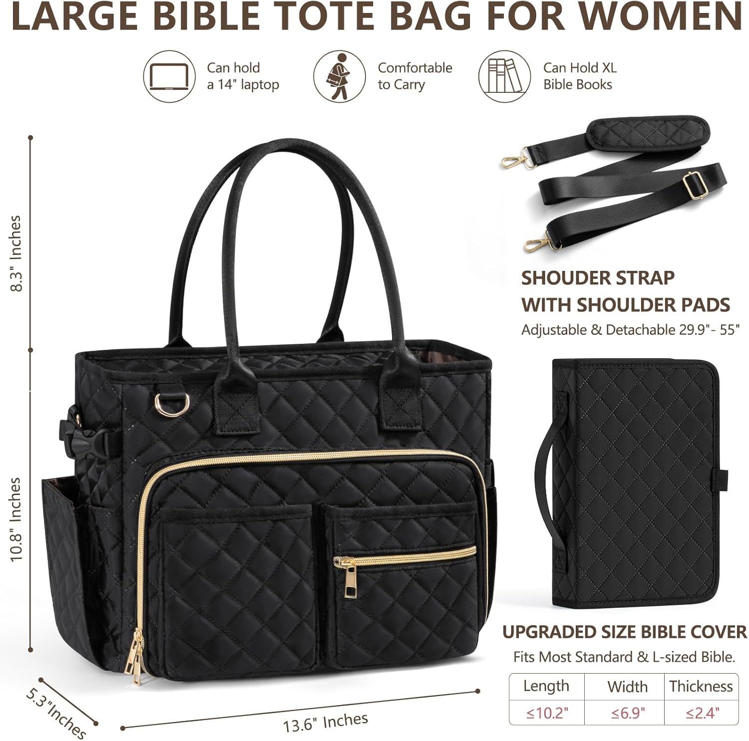 Large Bible Bag with Bible Cover Case for Women, Quilted Church Tote Bag Carrying Case w/Shoulder Strap, Bible Study Supplies Journaling Kit Accessories Easter Mothers Day Christian Gift for Women Mom