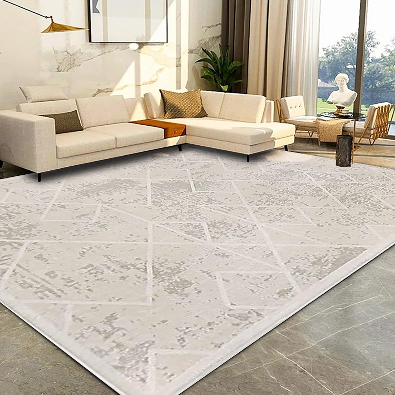 Large Soft Fluffy Grey Cream Trellis Area Rug Shaggy Shag Modern ...