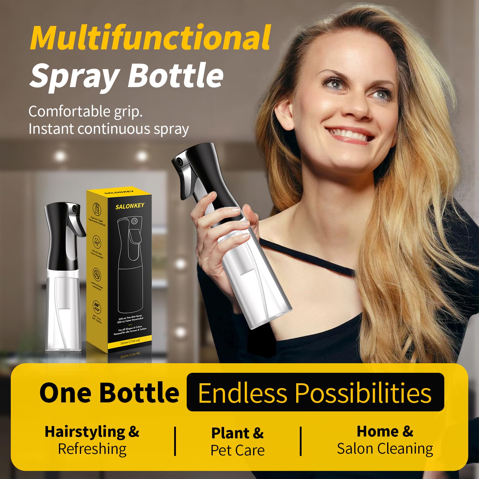 Spruzzino per Capelli 200 ml Spruzzino Nebulizzatore a Nebbia Continua Ultra Fine, Riutilizzabile con Design a Prova di Perdite Antigoccia, Animali Domestici e Pulizia per capelli (Buio pesto)