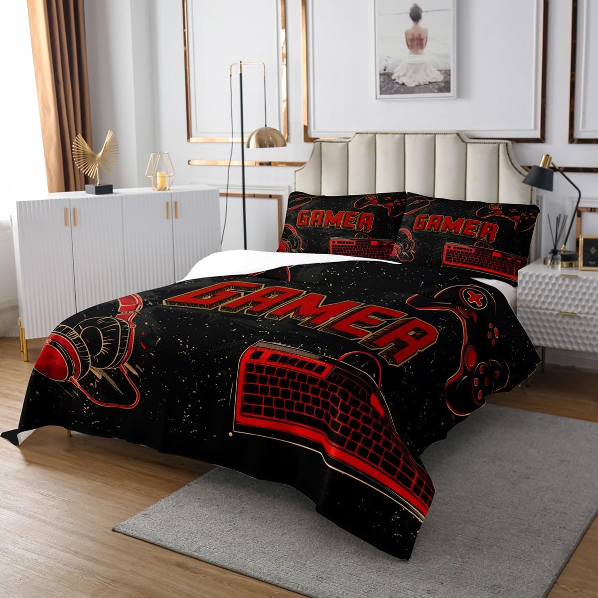 Games Bedspread Set Queen Size for Kids,Boys Girls Modern Gamer Gamepad Quilt Set Black Red Gaming Bedspread Coverlet Cool Headphone Bedspread 3 Piece Decorative Bedding Quilted with 2 Pillow Shams