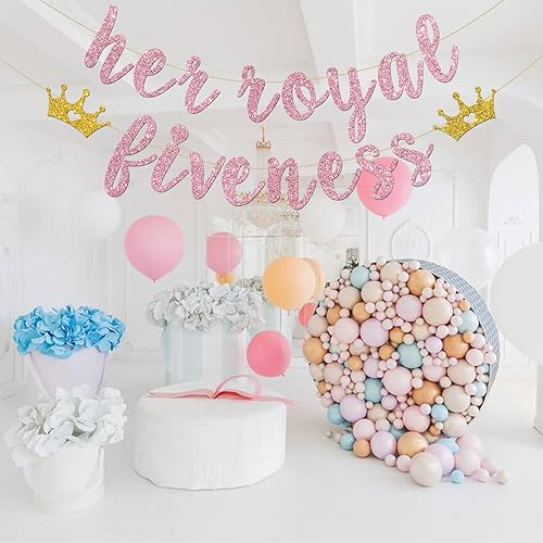 Miniatura 6 de Cartel con texto en inglés "Her Royal Fivenity" - Decoración de fiesta de cumpleaños número 5 para niñas, suministros de decoración de fiesta de