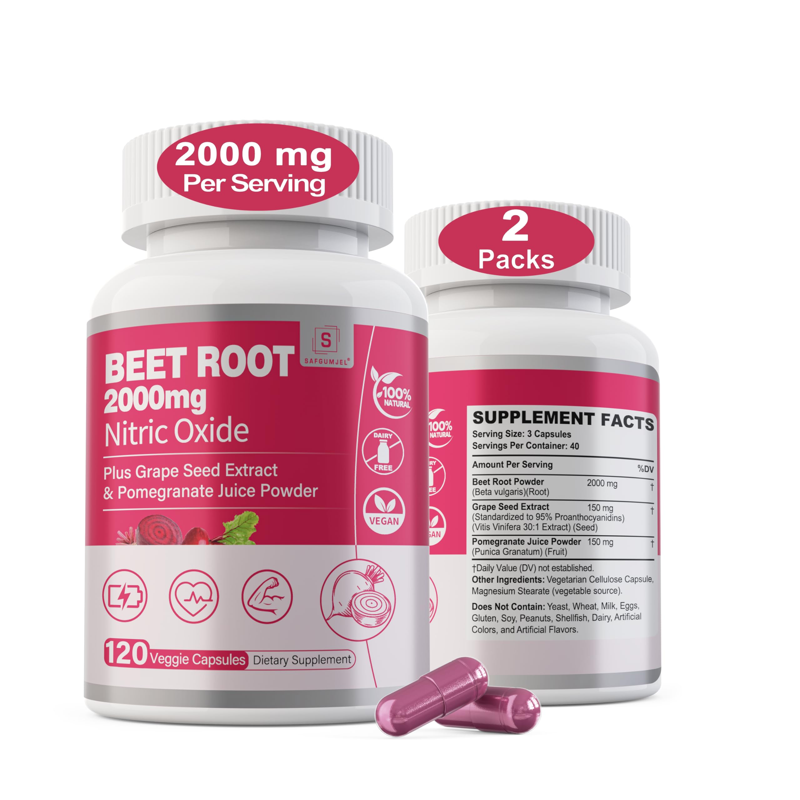 Beet Root Capsules 2000mg Nitric Oxide Supplements w/ Grape Seed Extract, Pomegranate Extract Supports Circulation & Blood Flow, Energy for Men/Women, Organic Beetroot Powder, Non GMO, 240 Counts
