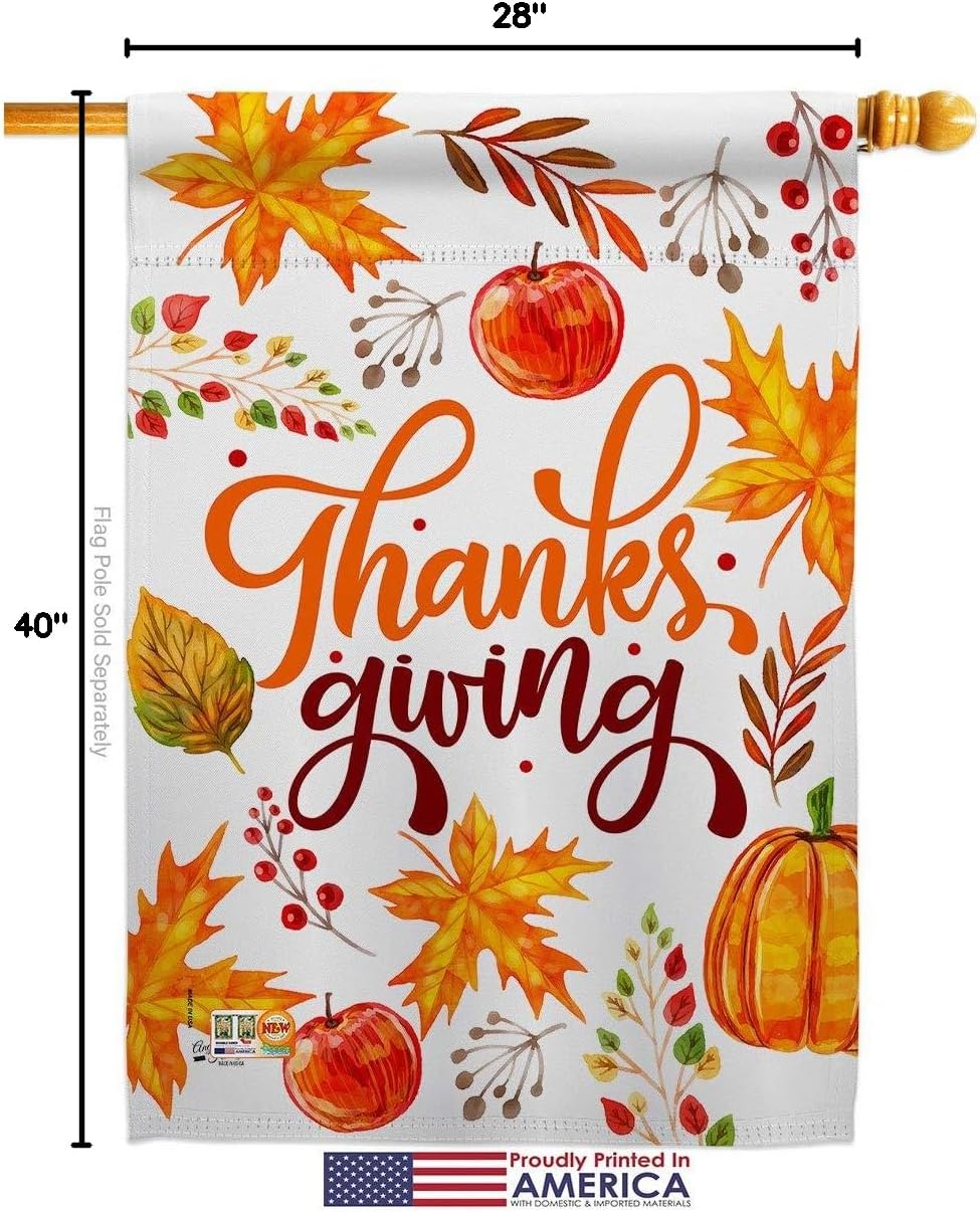 Thanksgiving Leaves House Flag Dowel Set Falltime Turkey Give Thanks Gobble Pumpkin Season Autumntime Cornucopia Small Decorative Gift Yard Banner Made In USA 28 X 40