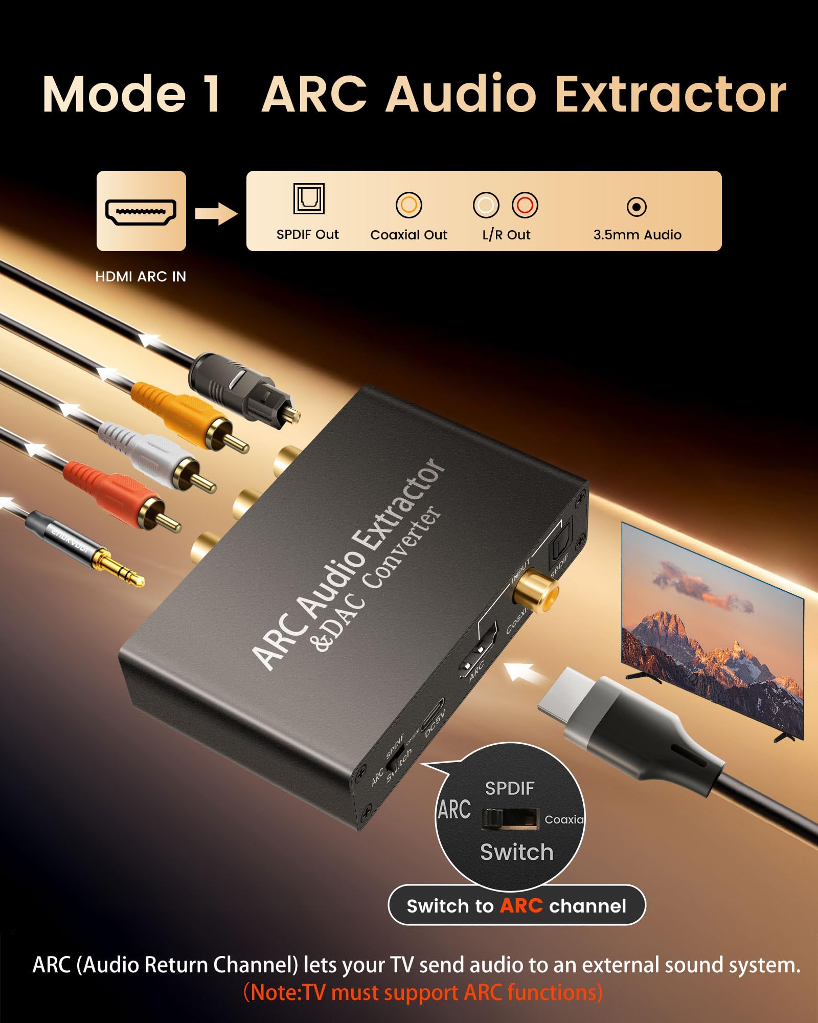 HDMI ARC Audio Extractor DAC Audio Converter, 192 KHz Digital to Analog Converter mit CEC, HDMI ARC/Optical/Coaxial Input, SPDIF/Optical/RCA/3.5mm Stereo Output