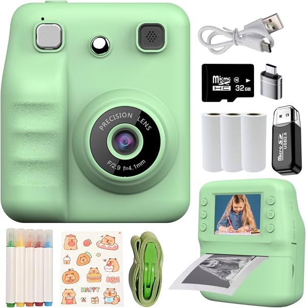 Cámara instantánea para niños con impresión para niñas y niños, regalo de Navidad o cumpleaños (Verde) | Cámara digital con videos 1080p, papel de impresión y tarjeta de 32GB, cámara de viaje portátil para niños de 3, 4, 5-12 años