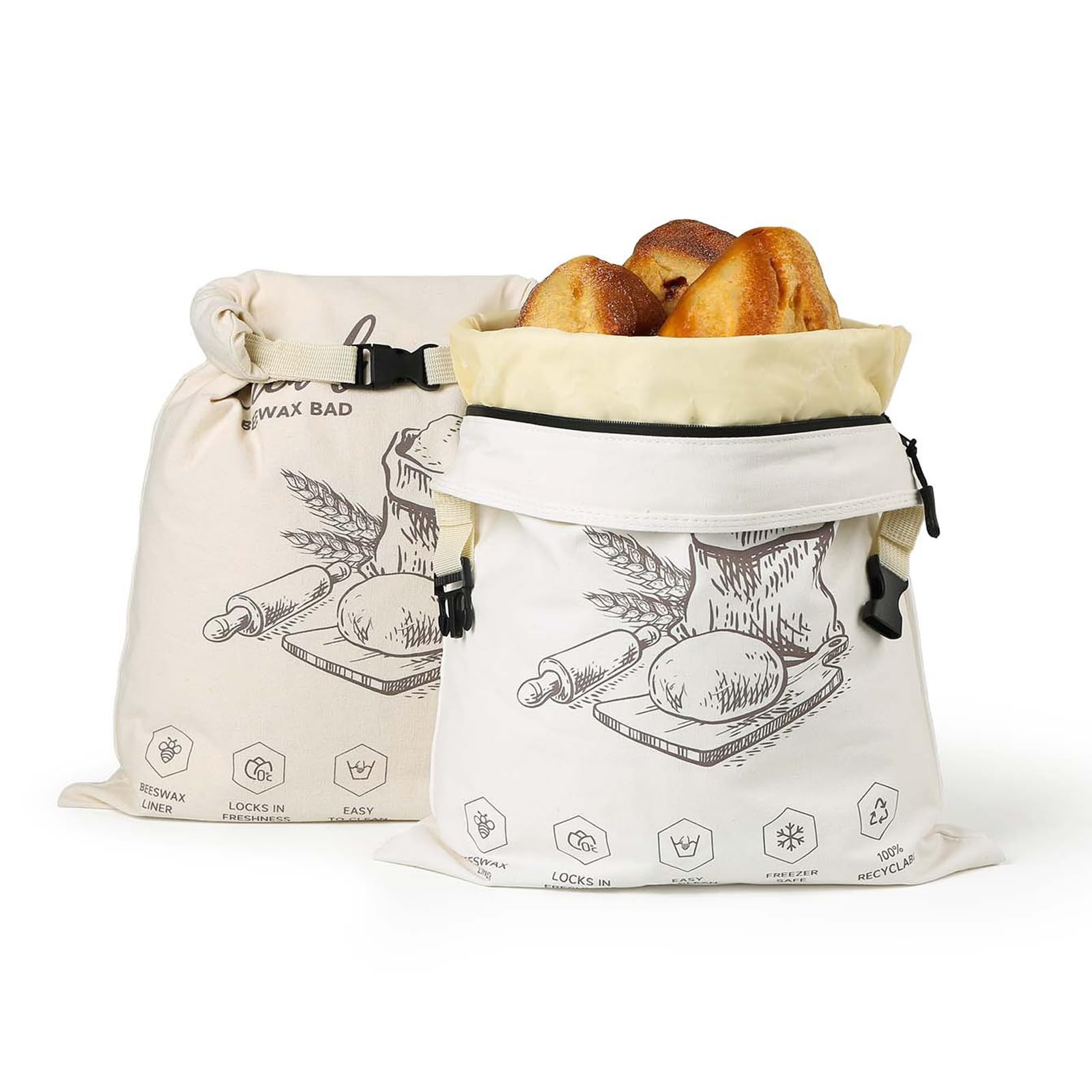 Sacchetto per il pane in cera d'api Set di 2, riutilizzabile con cerniera, sacchetti di conservazione in cotone rivestito con cera d'api naturale, beige 31,5 x 42,5 cm