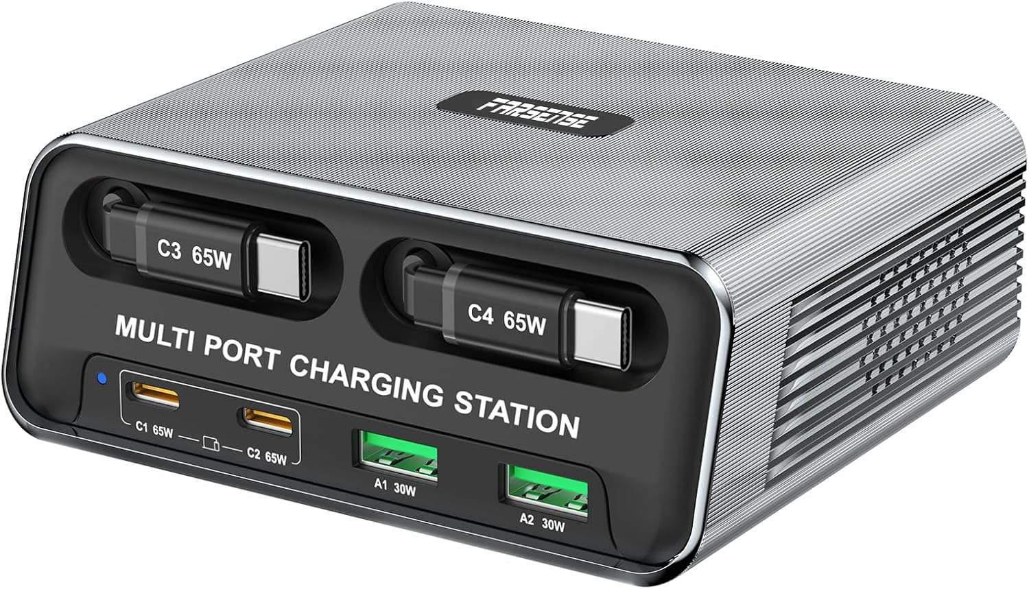 6-Port GaN Desktop Charging Station with Dual Retractable PD Cables, FARSENSE Fast USB C Charger for Home, Office, Travel，Compatible with iPhone 17/16, MacBook, iPad, Samsung