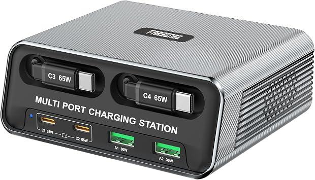 6-Port GaN Desktop Charging Station with Dual Retractable PD Cables, FARSENSE Fast USB C Charger for Home, Office, Travel,Compatible with iPhone 17/16, MacBook, iPad, Samsung