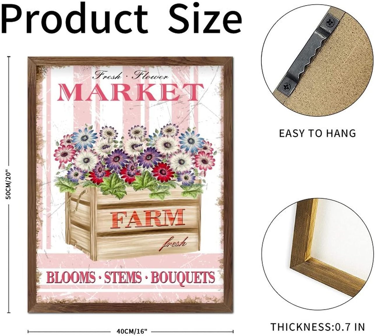 Farm Fresh Flower Market Framed Wooden Signs Spring Fresh Daisy Flower Box Hanging Sign Rustic Botanical Artwork Hanging Wall Signs Decoration for Kitchen Living Room Bedroom Home 20x16inch