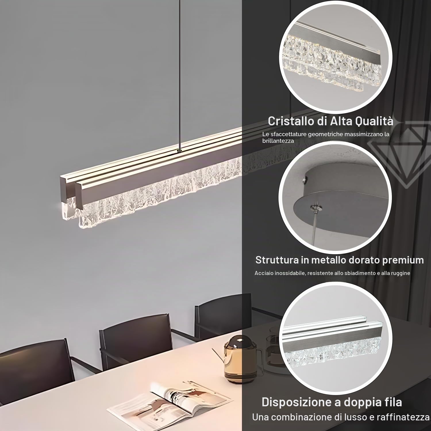 Moderna Lampada a Sospensione a LED per Tavolo da Pranzo Lunga 120cm Dimmerabile Illuminazione a Sospensione a LED per Isola Cucina Lussuosa Plafoniera per Sala da Pranzo e Ufficio