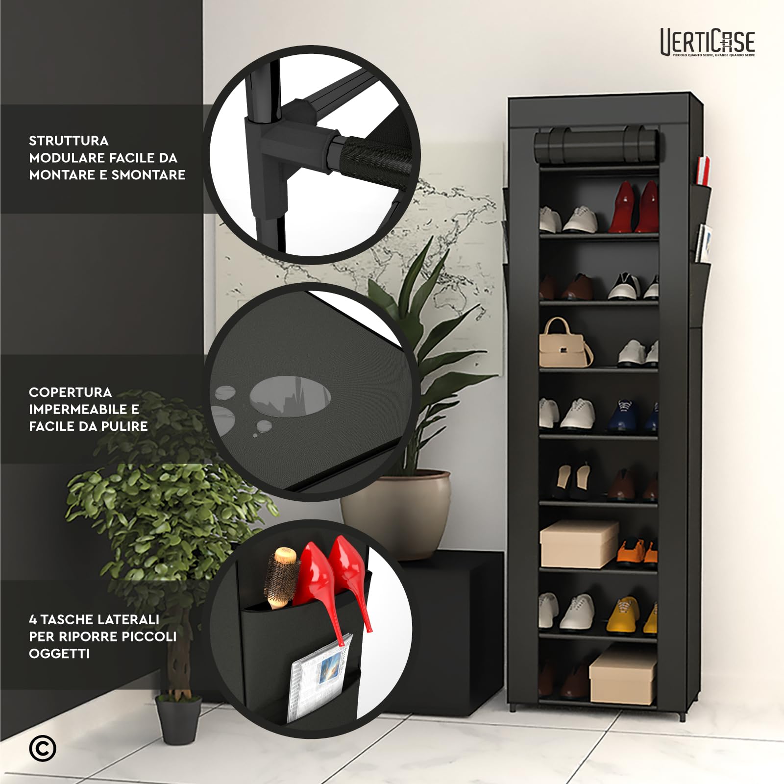 Scarpiera Slim Salvaspazio 10 Ripiani in Tessuto Impermeabile Nera 45x175x28cm - Scaffale Scarpe Verticale con Copertura Antipolvere - per Scarpe Sportive Tacchi Alti da Interno o Esterno