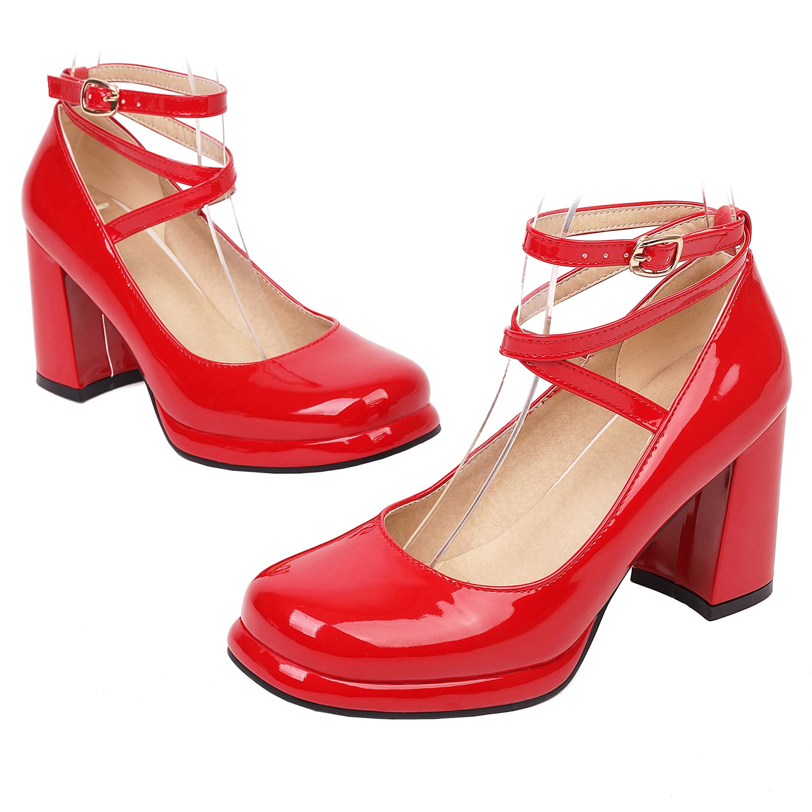 Lizoleor Zapatos Merceditas Mujer Tacon Ancho Punta Redonda Correa Tobillo Charol