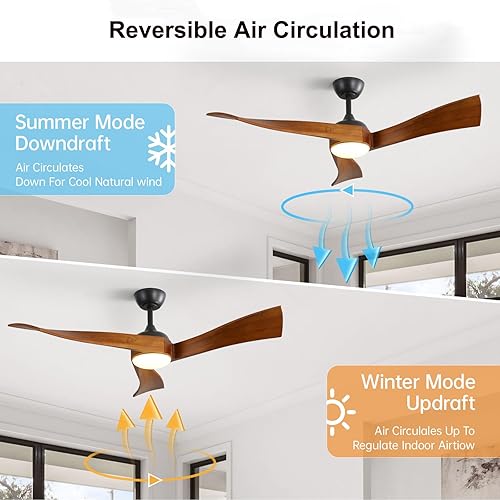 Miniatura 4 de Sofucor - Ventiladores de techo de 52 pulgadas con luces, ventilador de techo de madera sólida para interioresexteriores con control remoto, motor