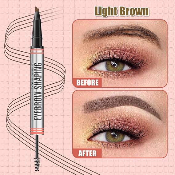 W3W Magical 2-in-1 Microblading Eyebrow Pen with Brow Gel, 4-Fork-Tip Eyebrow Pencil, Waterproof, Long-Lasting Eyebrow Brush Eye brow Pencil for Natural Looking(Light Brown)