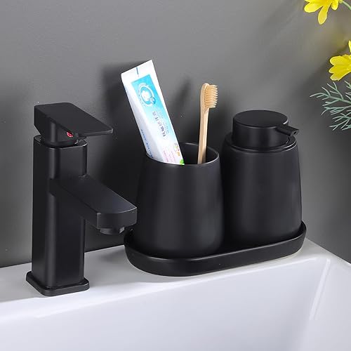 Miniatura 6 de Eyrozia Juego de accesorios de baño negro mate, juego de 3 piezas de dispensador de jabón de cerámica, juego de accesorios para encimera de tocador,