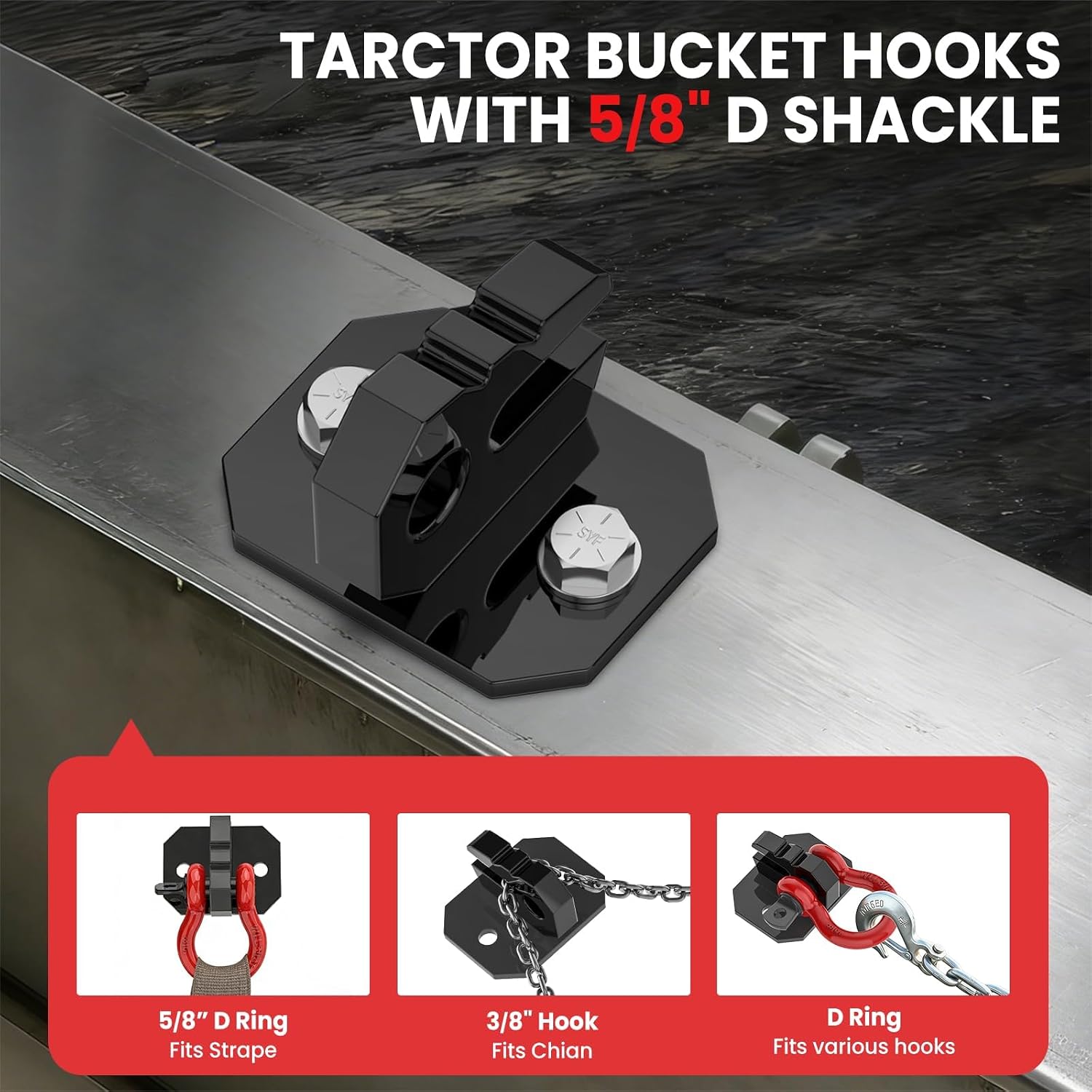 3/8" Tractor Bucket Grab Hook with 5/8" Tie Down D-Ring Shackls (2 Pack), Bolt On Tow Hook Mount with Backer Plate, Heavy Duty Carbon Steel, Max Tow Capacity 10,000 lbs for Tractor Bucket, Red