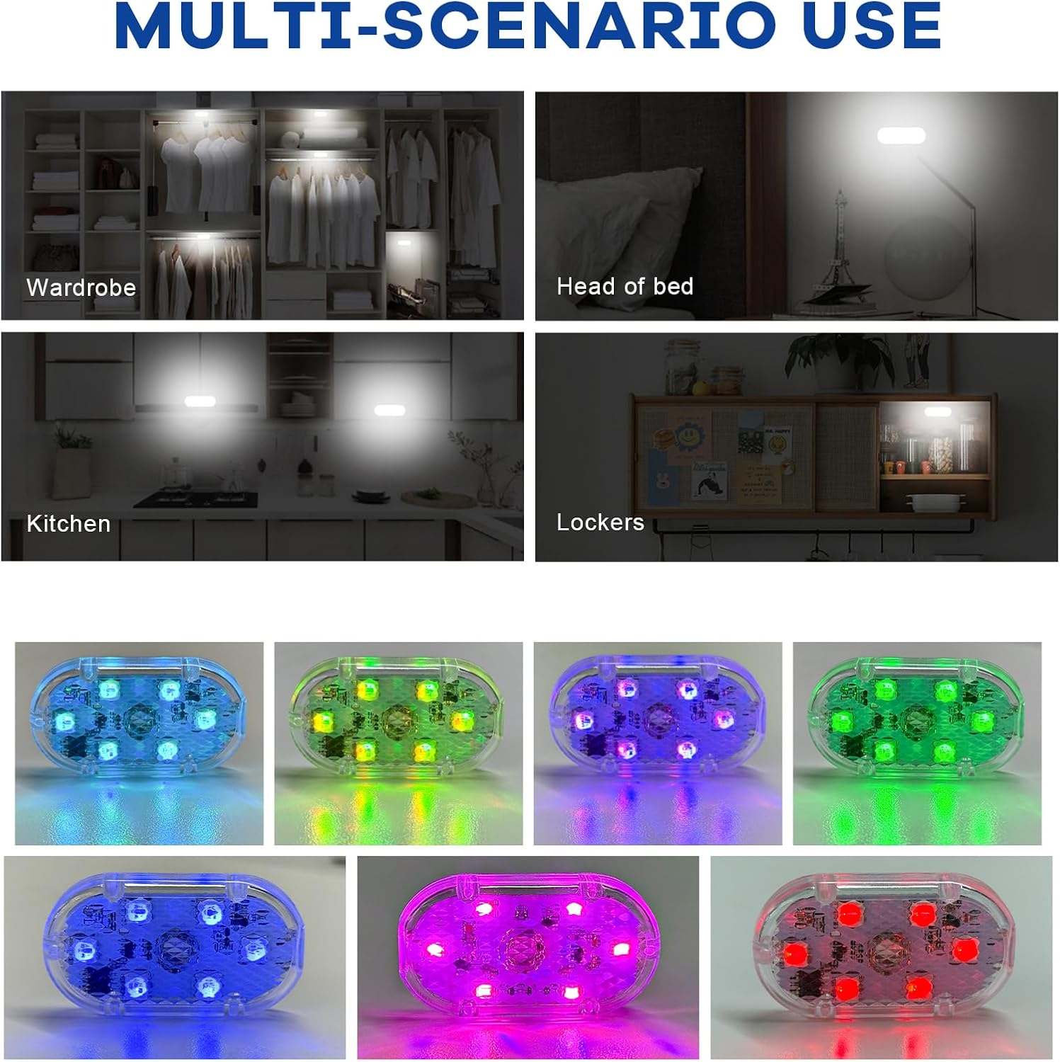 2 PCS Car LED Lights Interior Wireless, Sticky Vehicle Interior Ambient Light with 6 LED Lamp Beads, Portable Reading Light USB Rechargeable Decorative Lamp for Cars (Colorful)