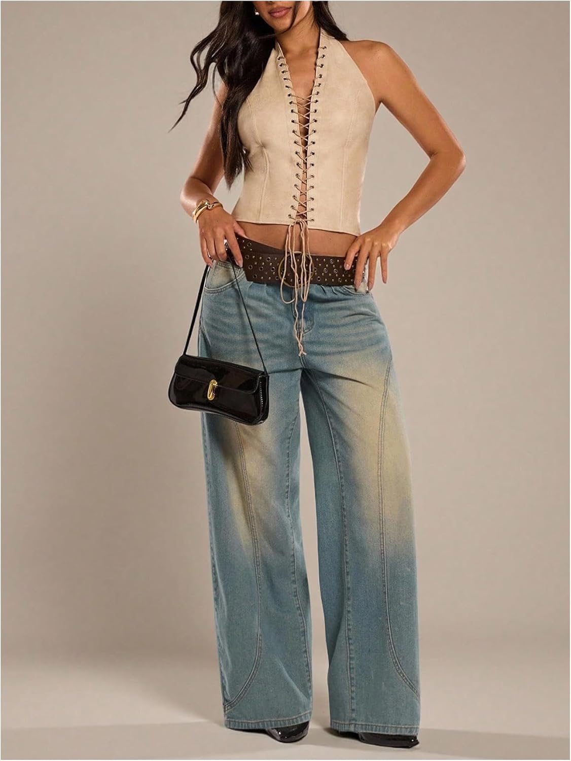 MakeMeChic Women's PU Leather Halter Crop Tops Open Back Lace Up Y2k Club Tank - Image 5