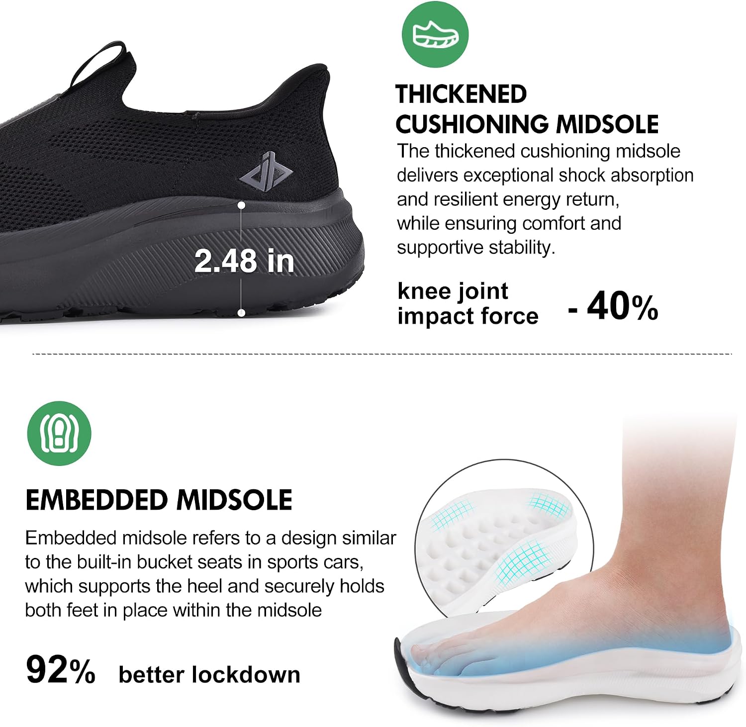 JACKSHIBO Mens Slip Ins Free up Hands Shoes Wide Toe Box Arch Support Orthopedic Walking Sneakers