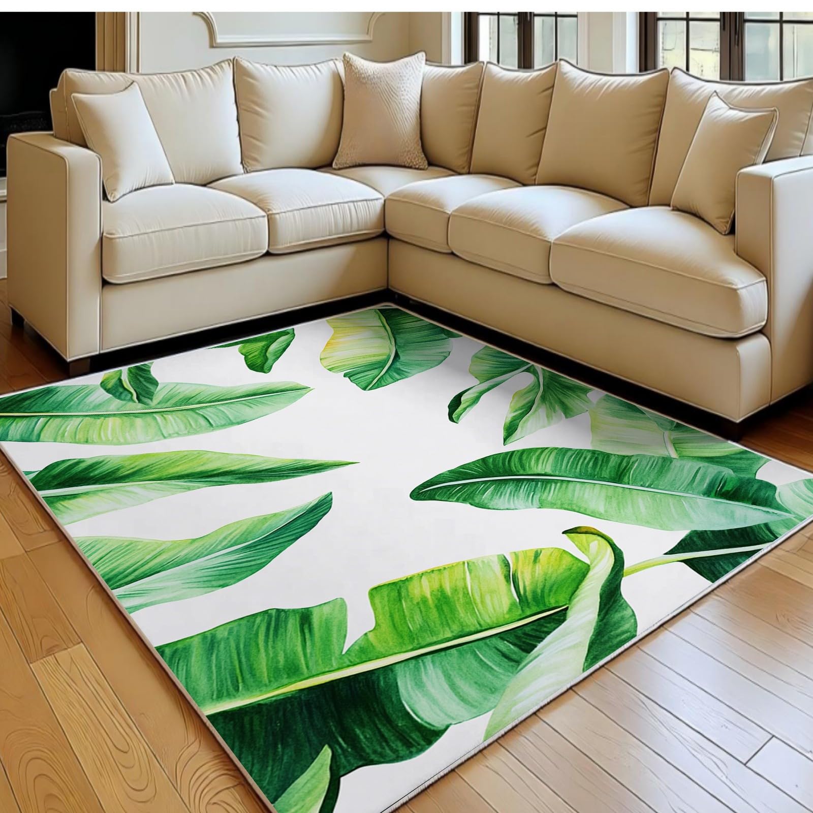 Tapis enfant feuilles tropicales vert pour décorer le salon ou un bureau lumineux
