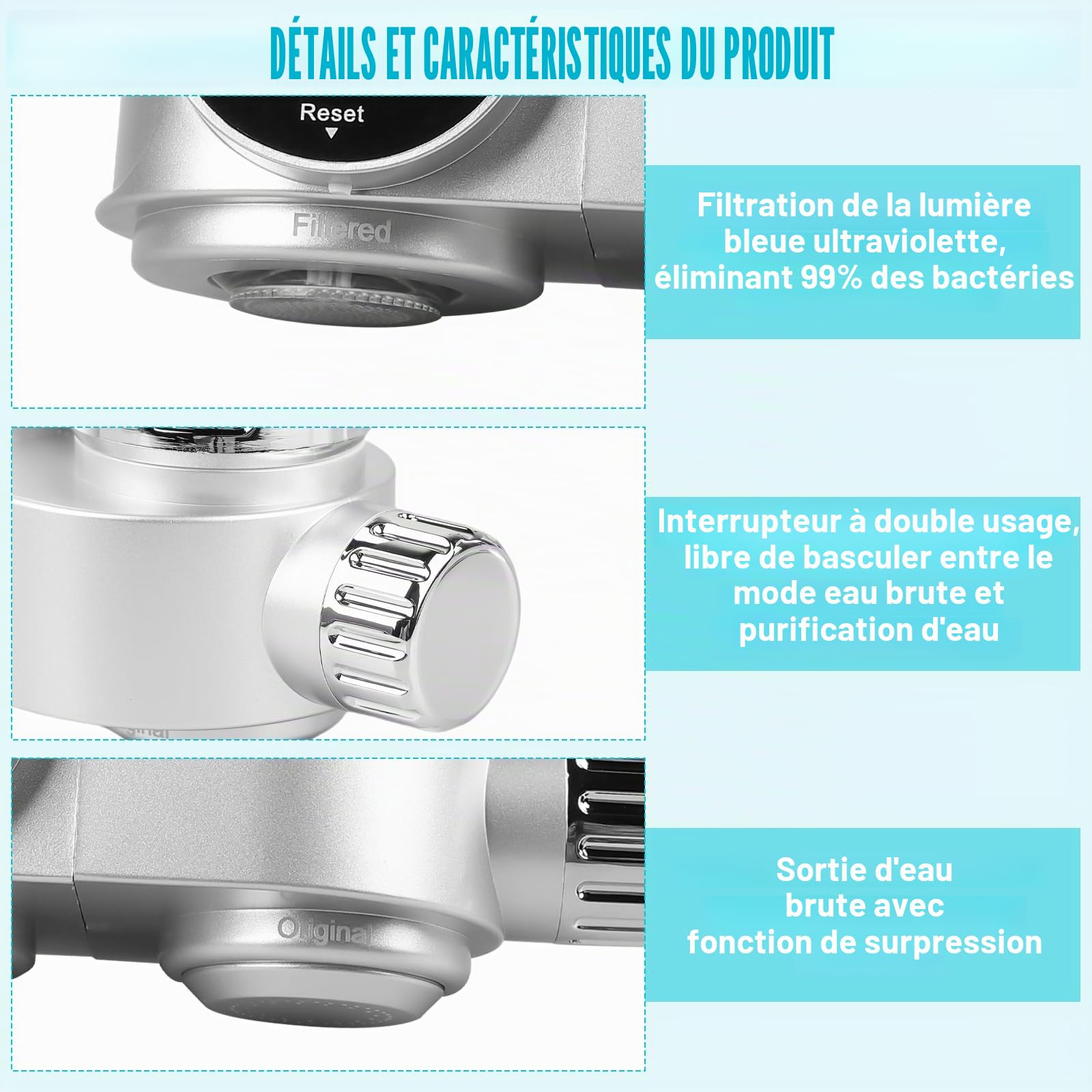 Filtre à eau pour robinet avec affichage LED, filtre à eau robinet filtre à eau potable élimine le chlore, les métaux lourds, stérilisation UV filtre à eau du robinet (avec filtre) pour cuisine