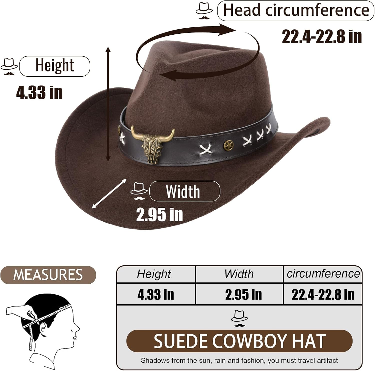 Western Cowboy Hat for Men & Women, Felt Wide Brim Cowboy Hat with Bull Head Belt, Classic Vintage Style for Halloween Costume, Cosplay, Rodeo, Party & Outdoor Activities, Brown (Size: M)