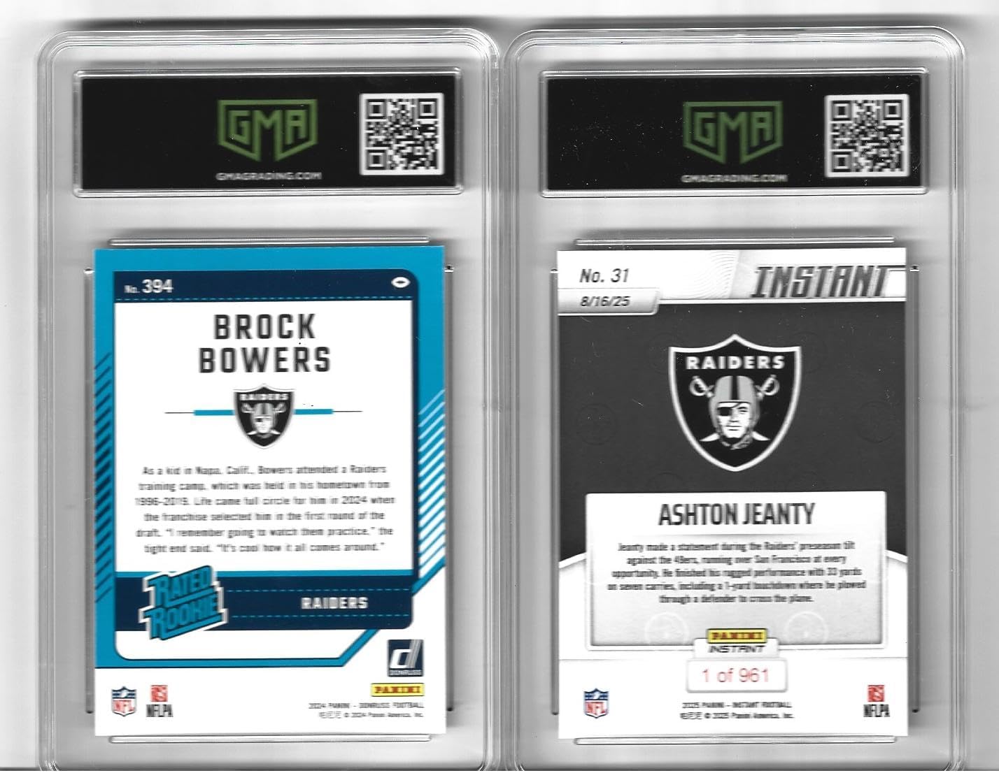 Graded Gem Mint 10 Brock Bowers and Ashton Jeanty Football Rookie 2 Card Lot Raiders Young Star TE, Running Back! You Will Receive Both Cards Shown