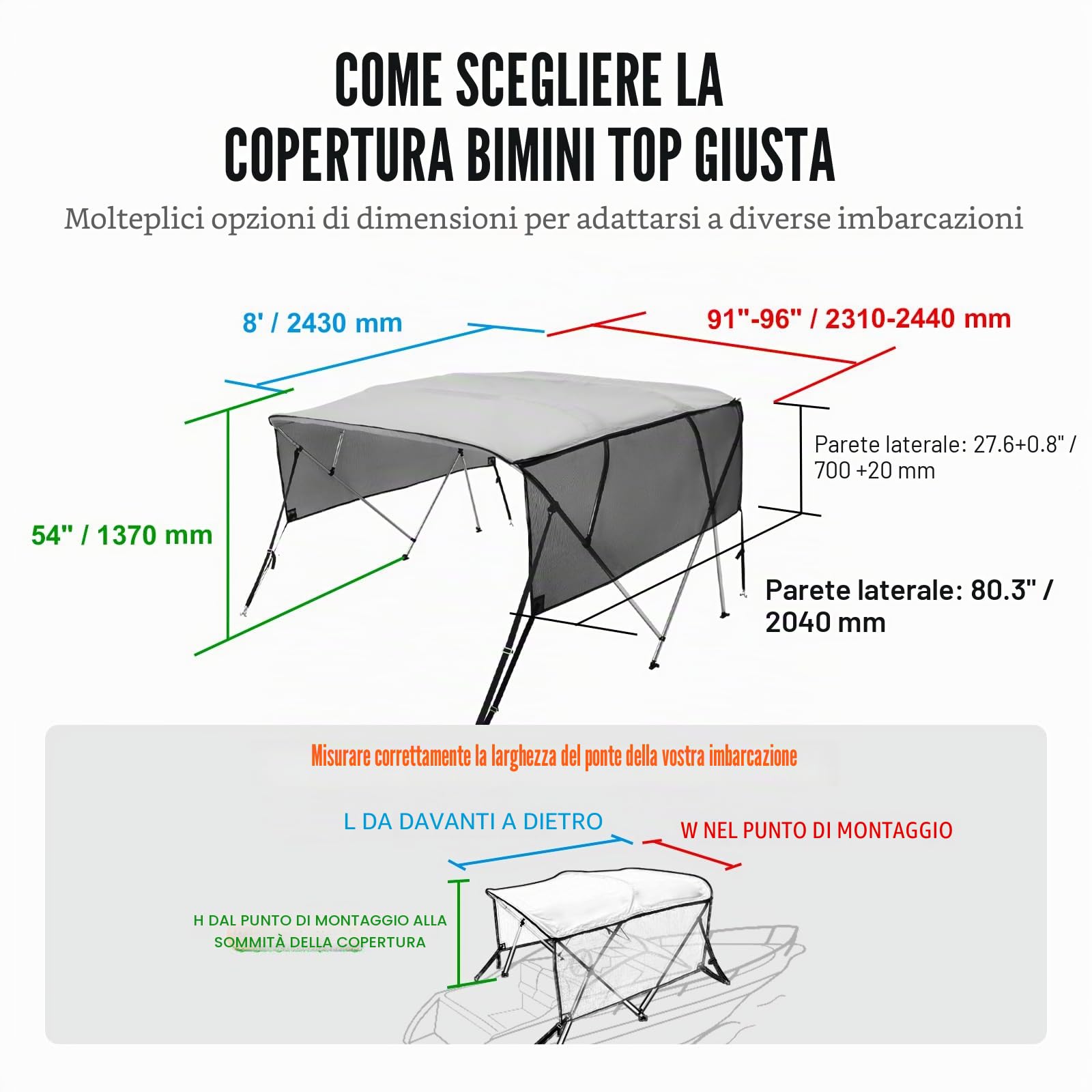 VEVOR Copertura per barca bimini top a 4 prua, tettoia in poliestere 600D con telaio in lega di alluminio da 1", 2 pali di supporto, 2 cinghie, 8'L x 54"H x 91"-96"W, grigio chiaro