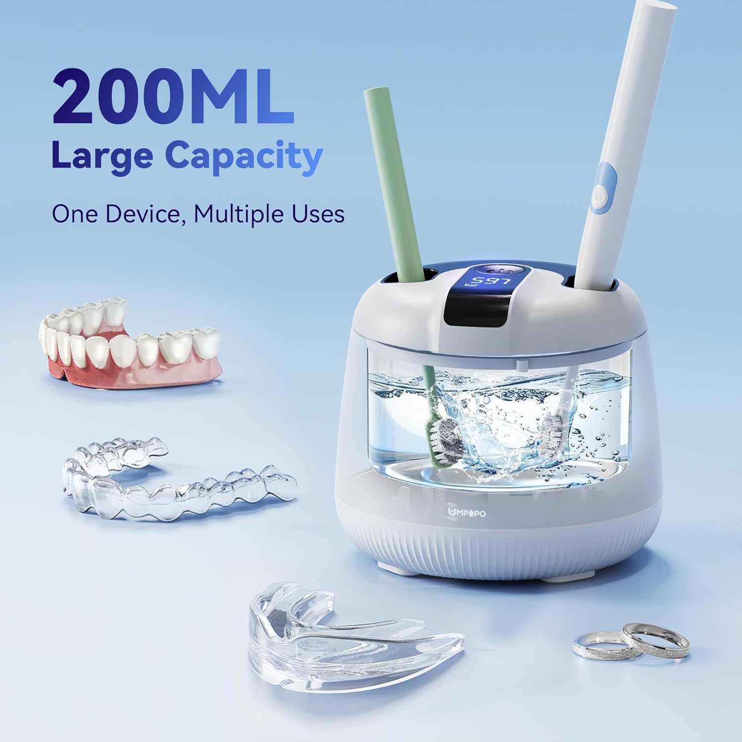Ultrasonic Retainer Cleaner Machine 48kHz, Dental Cleaning Pod, Ultrasonic Retainer Cleaner for Dentures, Aligners, Mouth Guards, Toothbrush Heads and Jewelry with 200ML Capacity, LAB Supply