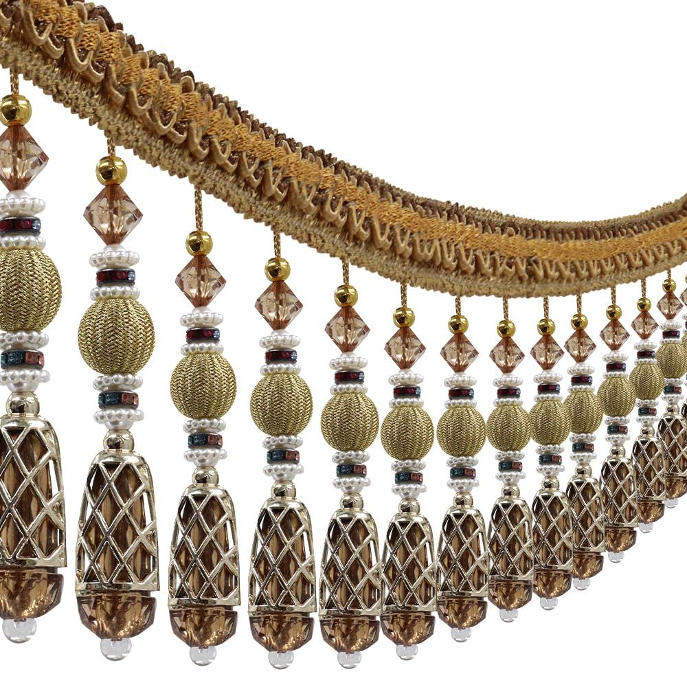 Beads Tassel Fringe Trim Drapery Fringe Trimming Decorative Curtain Tassels Fringe Lampshades Boho Trim Embellished Sewing Trimming Upholstery Drapery 3 Yards (Brown)