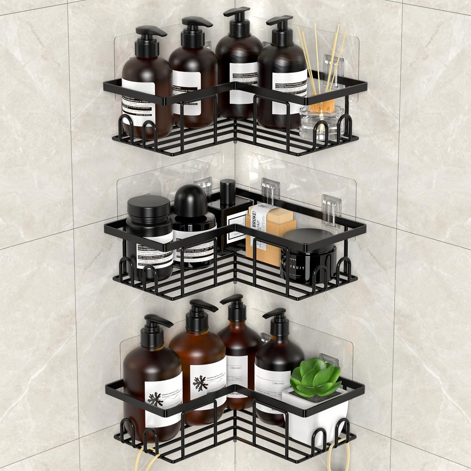 LOOBOV Shower Caddy Corner, Rustproof Shower Shelves, Bathroom Caddy No Drilling, Bathroom Organizers/Storage with Hooks (3 Pack- Black)