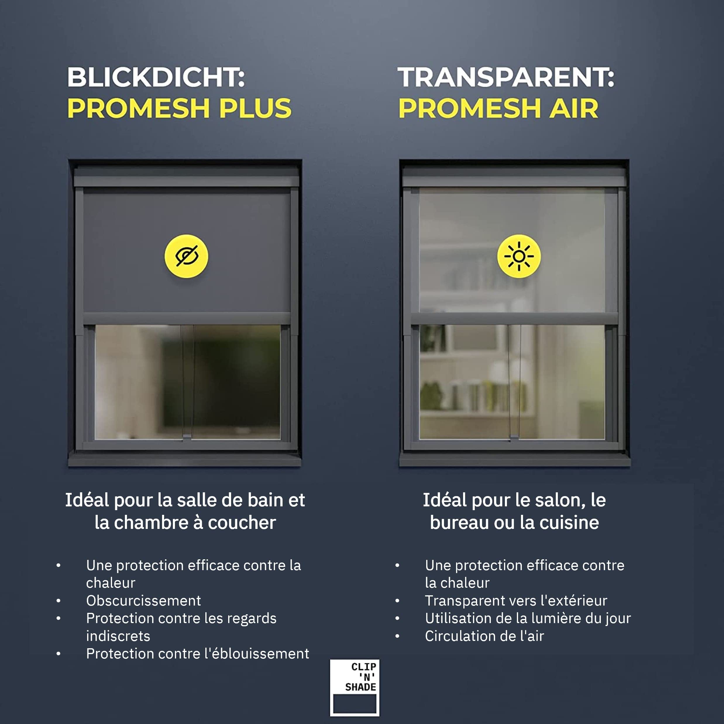 CLIP'N'SHADE Gris - Store Anti Chaleur sans Perçage | Rafraîchit la Maison sans Clim | Montage Facile en 15 Min (Largeur : 70 cm, Hauteur : 60-90 cm, Opaque)
