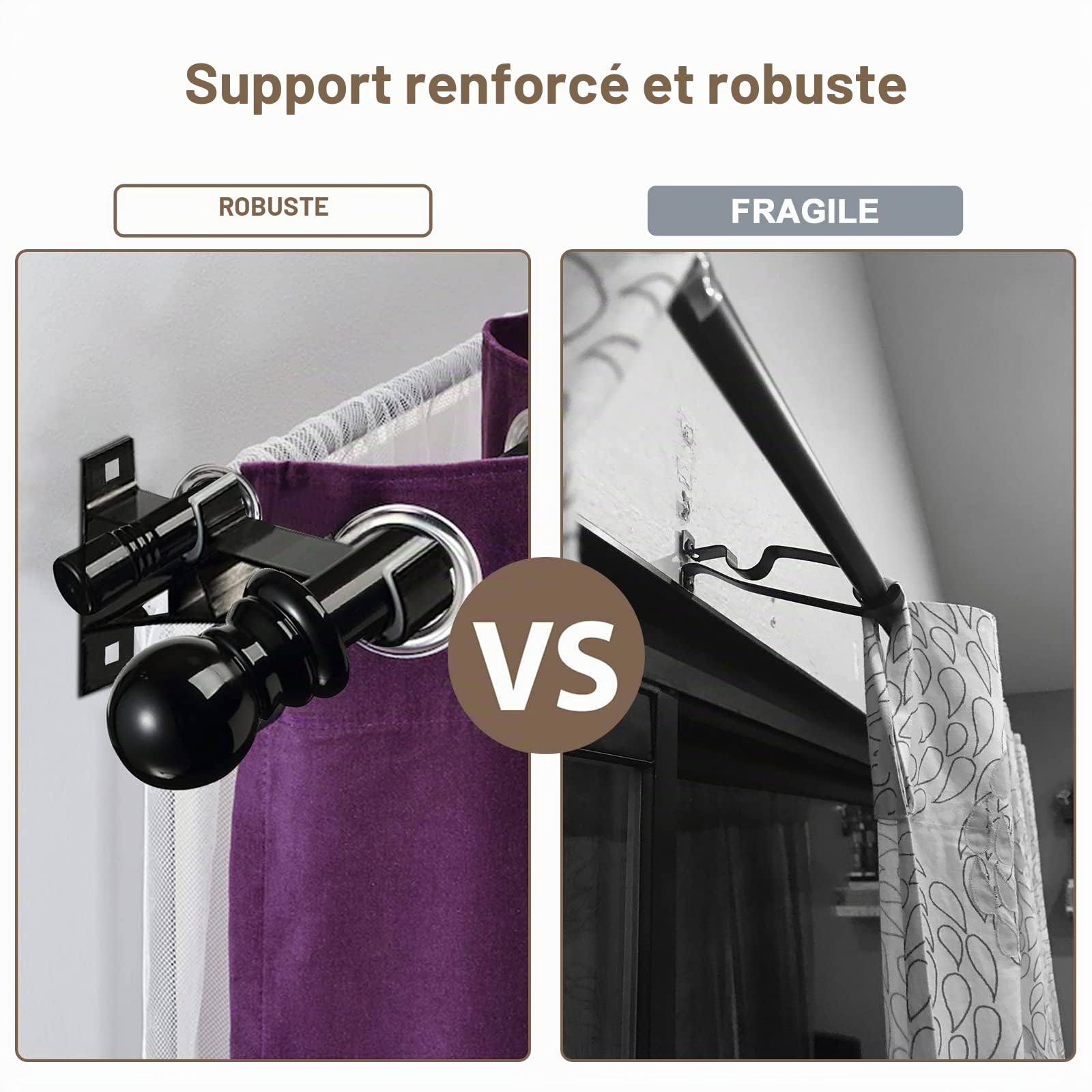 Harms Tringle à rideaux double extensible en métal pour rideaux à œillets et rideaux occultants Noir 76-222 cm