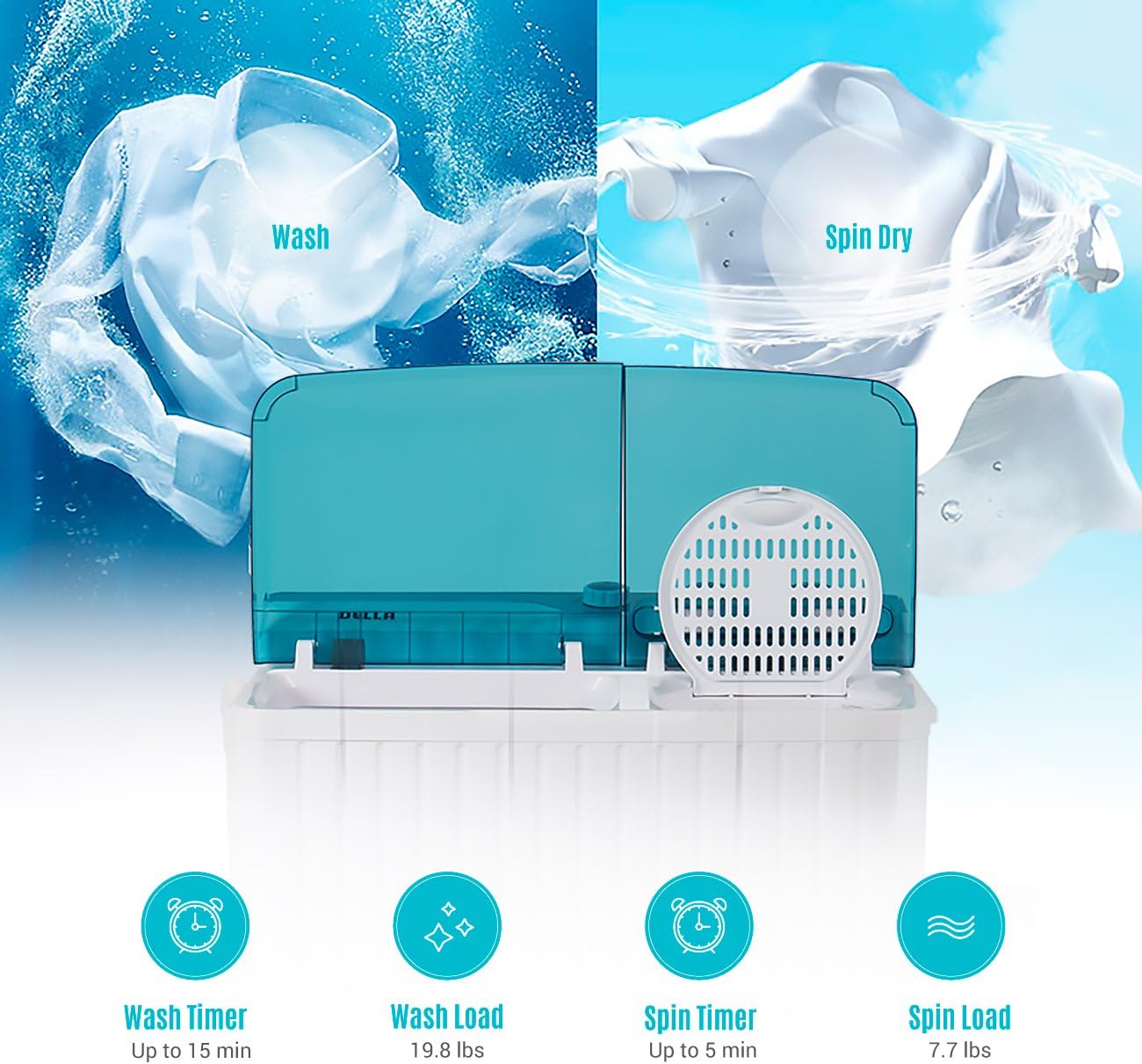 Della Compact Twin Tub Portable Mini Washing Machine Top Load Washer and Dryer Cycle (9KG) with Built-in Pump