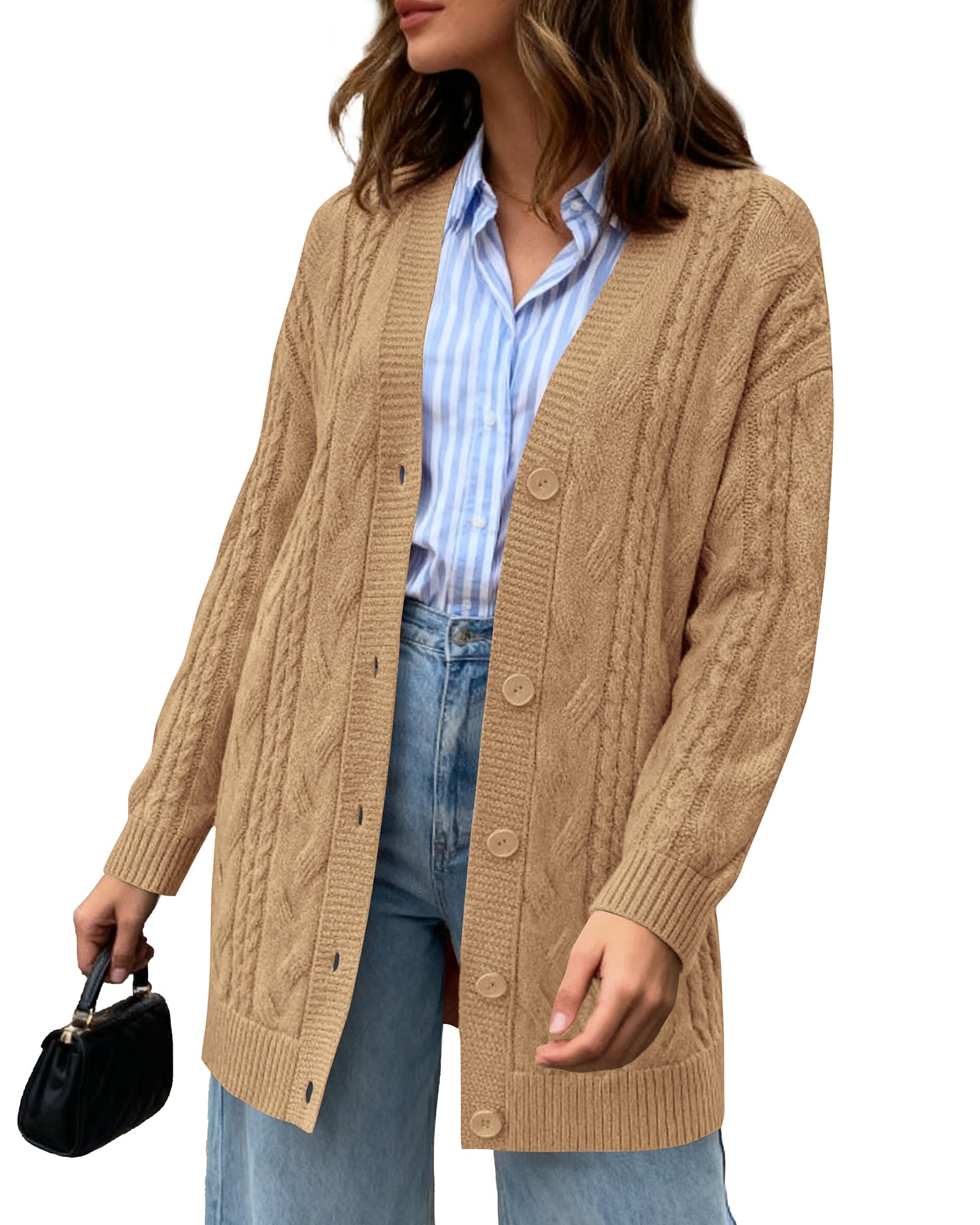 BTFBM Fall Fashion 2025 Chunky Cardigan Sweaters for Women Winter Open Front Cable Knit Button Long Cardigans Outerwear