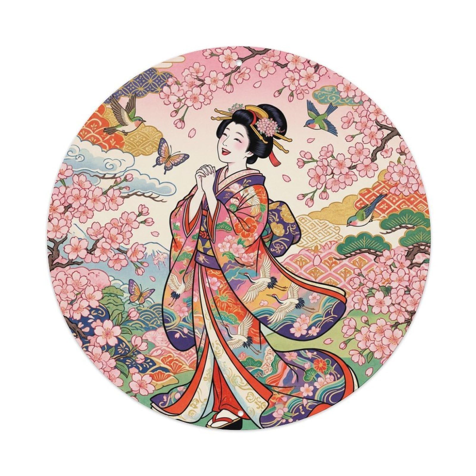 Galvaxio Style Japanese Kimono Woman Spring Joy Cherry Blossoms Delight Metal Tin Sign