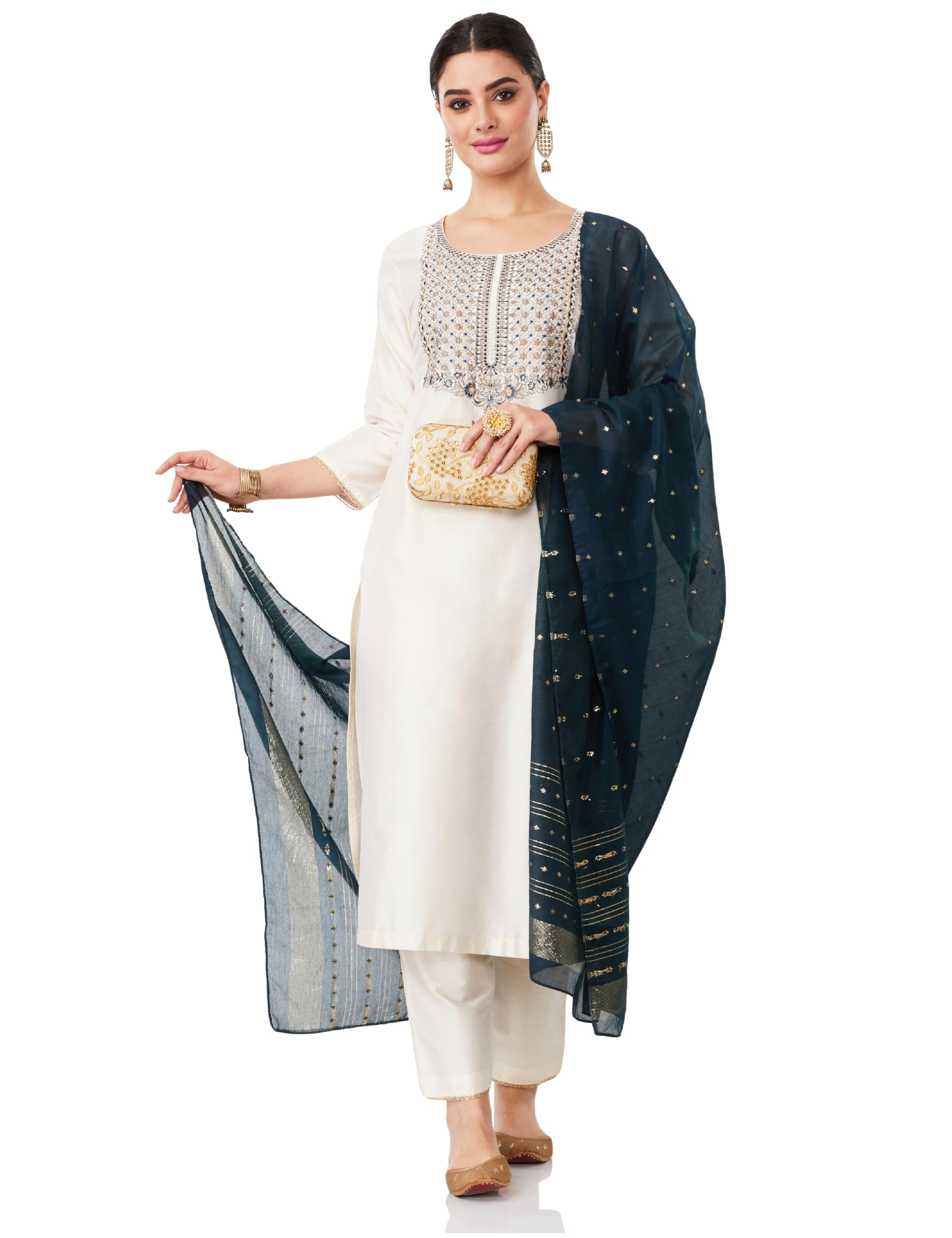 amazon brand - myx Women's Embroidered Kurta Pant Set with Contrast Dupatta (Available in Plus Sizes)-picture-25