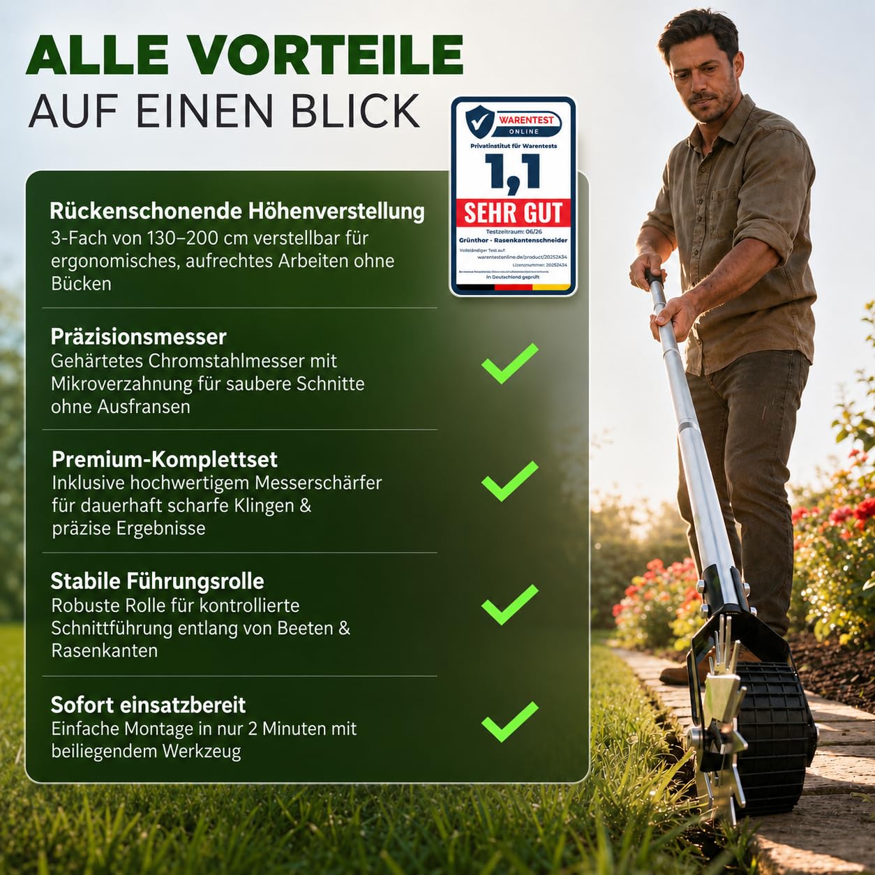 Rasenkantenschneider – Verstellbarer Edelstahl-Handgriff, Ergonomisch, gut ausbalancierte Rollen, Inklusive Schleifmesser